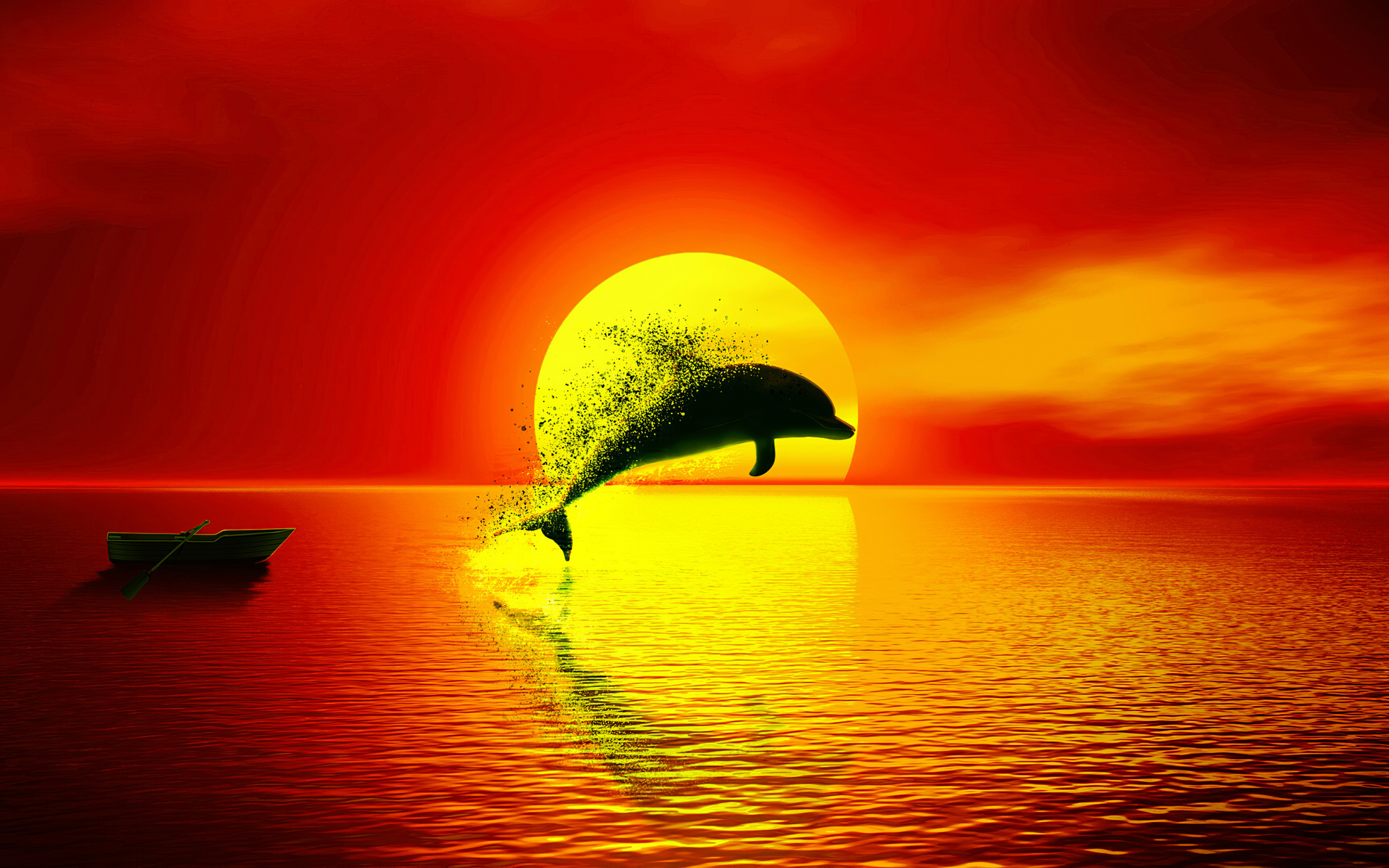Dolphin, dispersion, sunset, seascape, art, 2880x1800 wallpaper