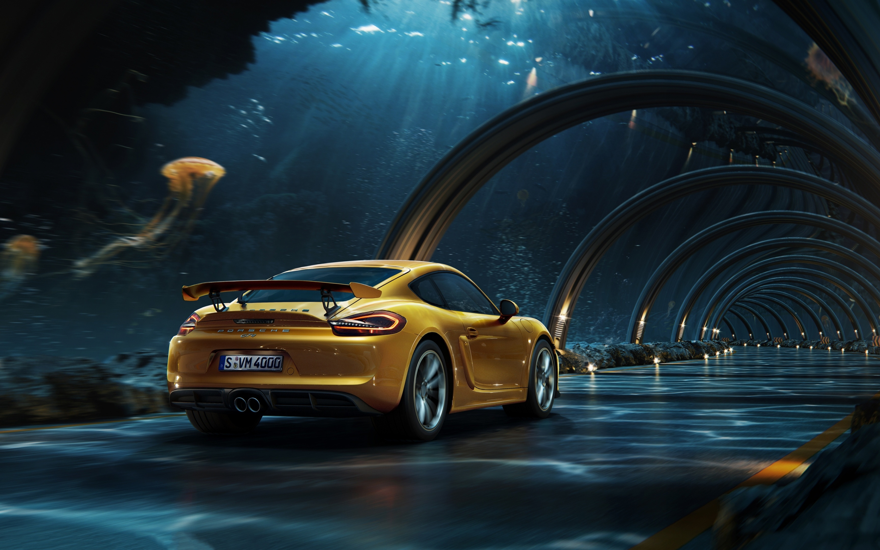Porsche, yellow, digital photography, tunnel, 2880x1800 wallpaper
