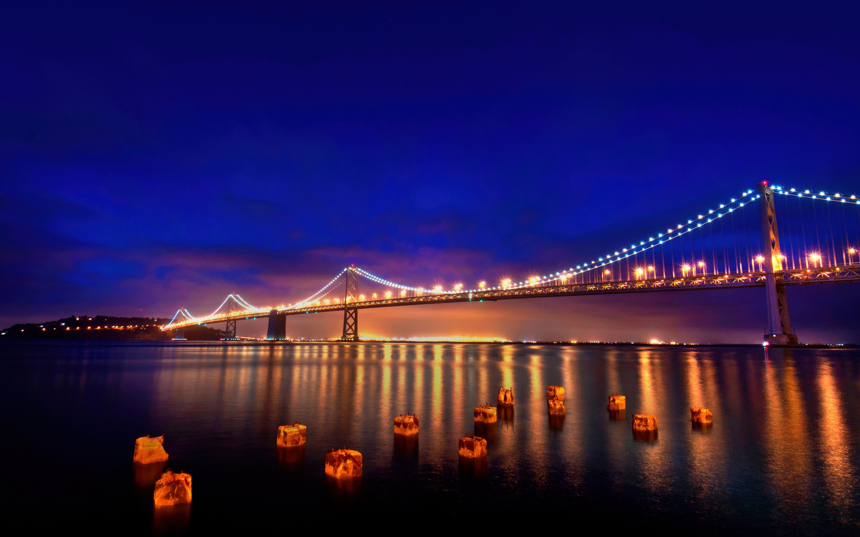 San Francisco, Oakland bay, bridge, night, reflections, 2880x1800 wallpaper