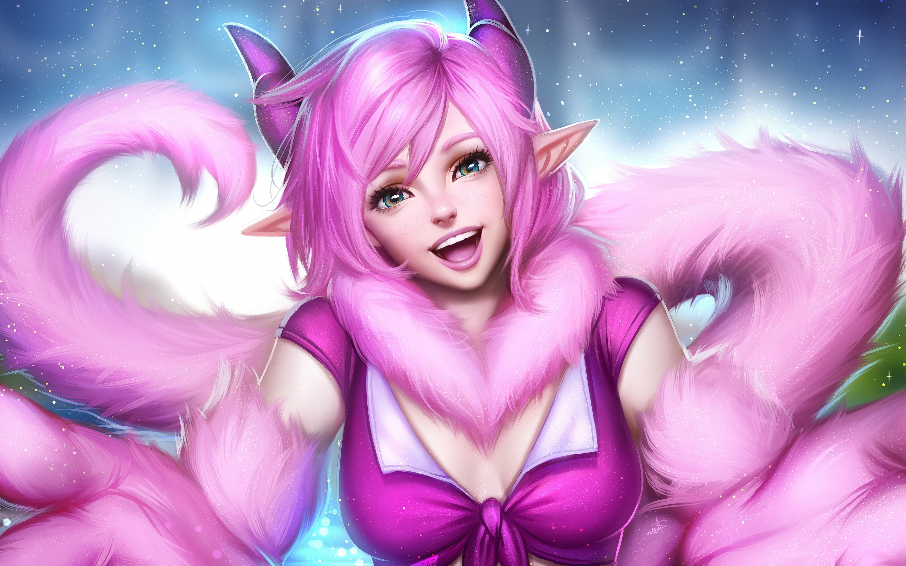 Pink hair, elf girl, smile, pretty, original, art, 2880x1800 wallpaper