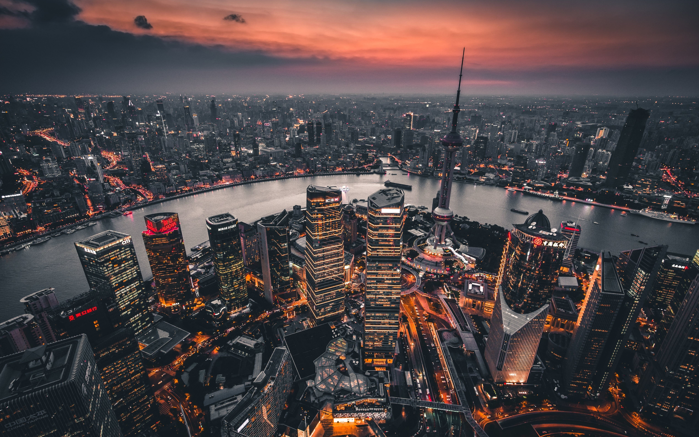 Shanghai, cityscape, evening, buildings, sunset, 2880x1800 wallpaper