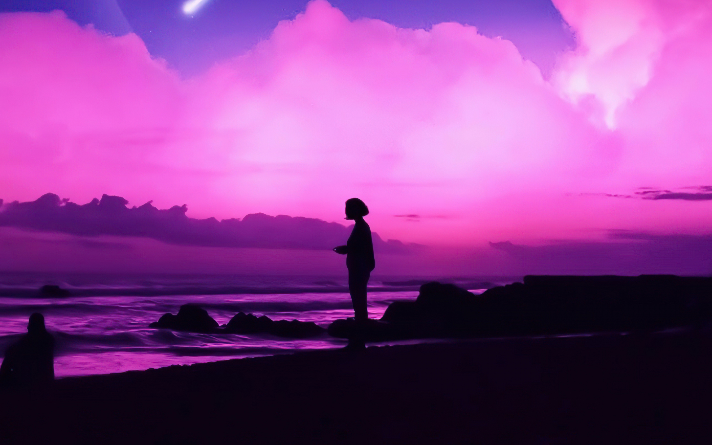 The Silhouette, dream pink sunset, artwork, minimal, 2880x1800 wallpaper