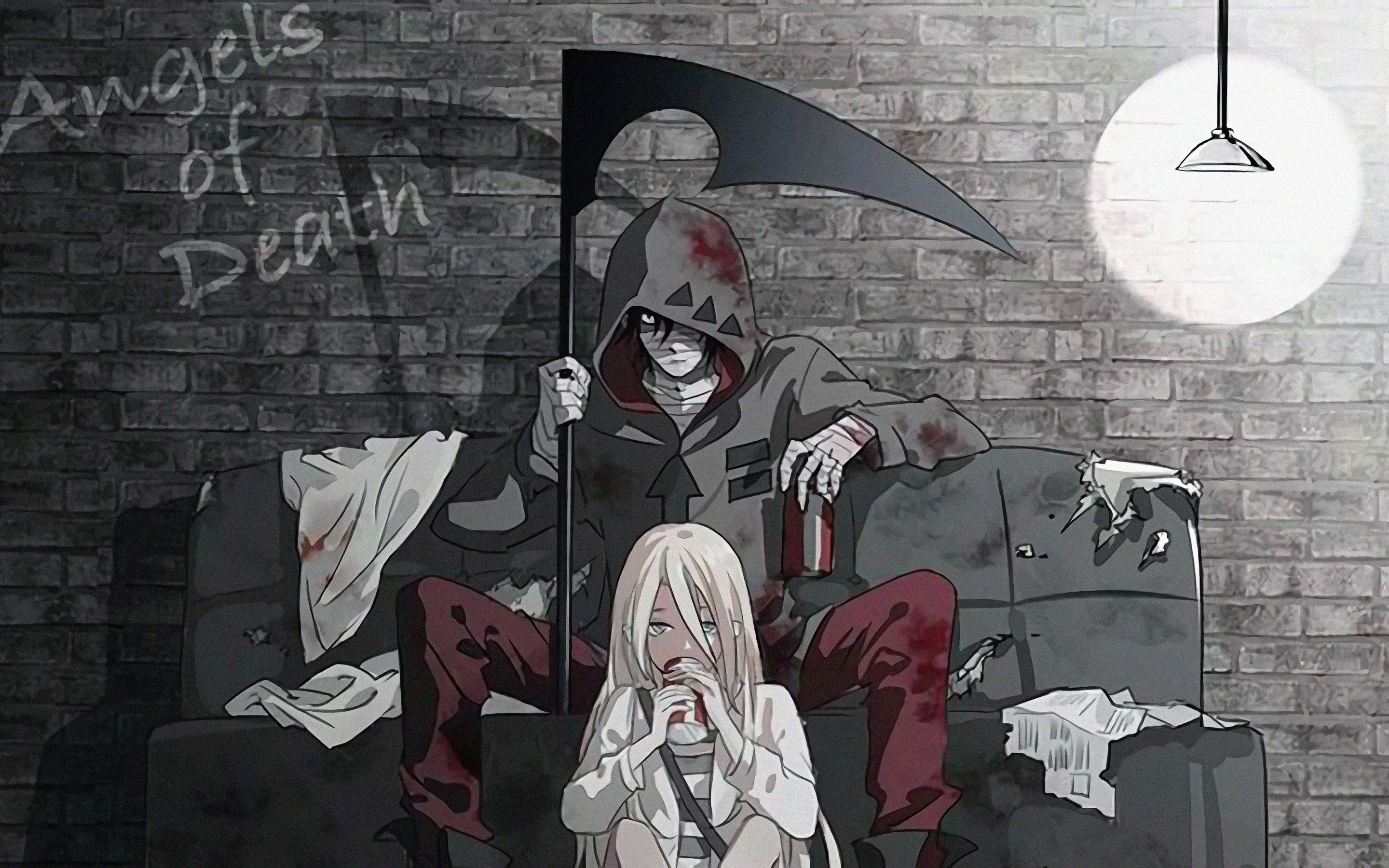 Rachel Gardner and Zack, black and white, anime, 2880x1800 wallpaper