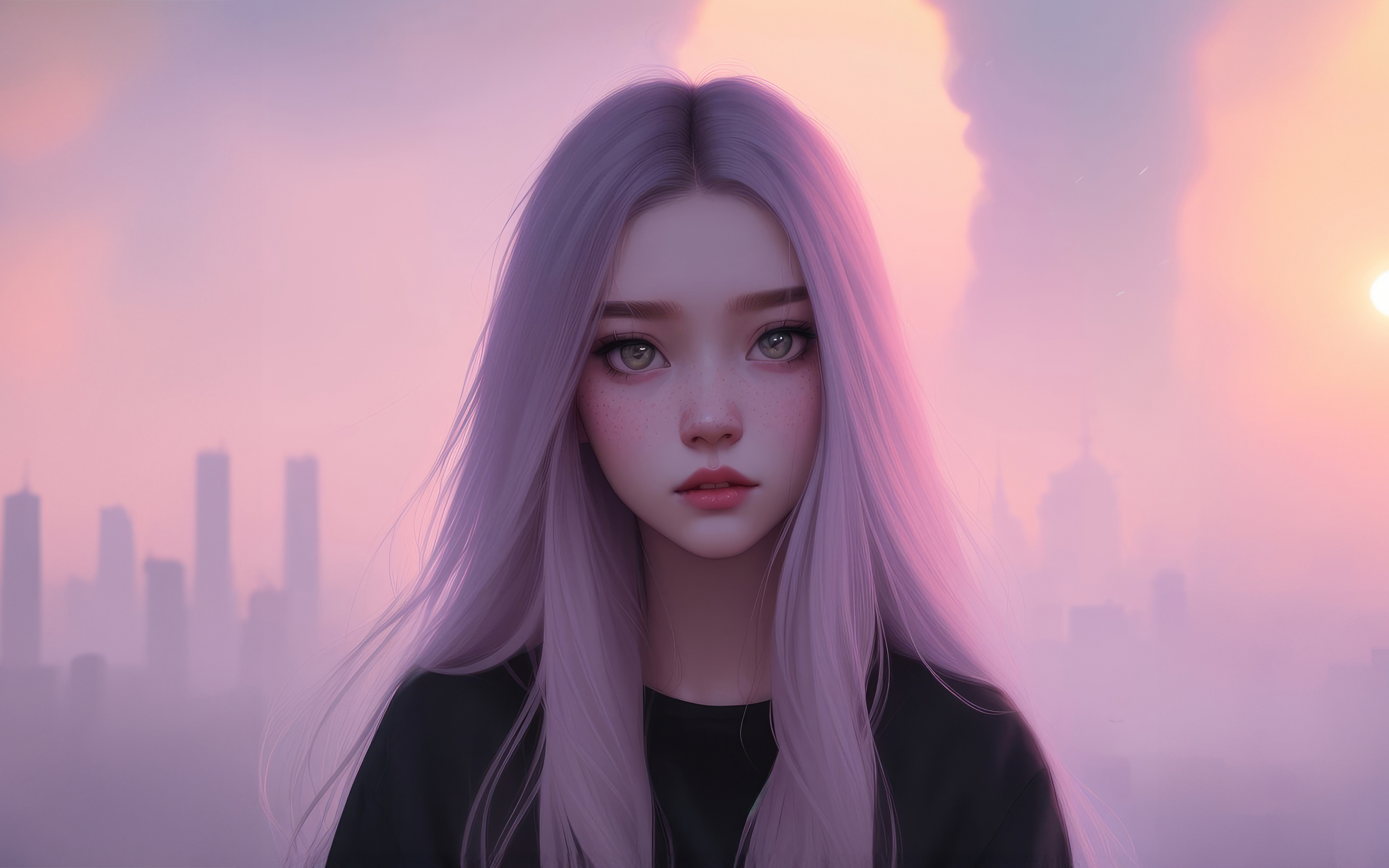 Girl in pink hair, cute teen girl art, 2880x1800 wallpaper