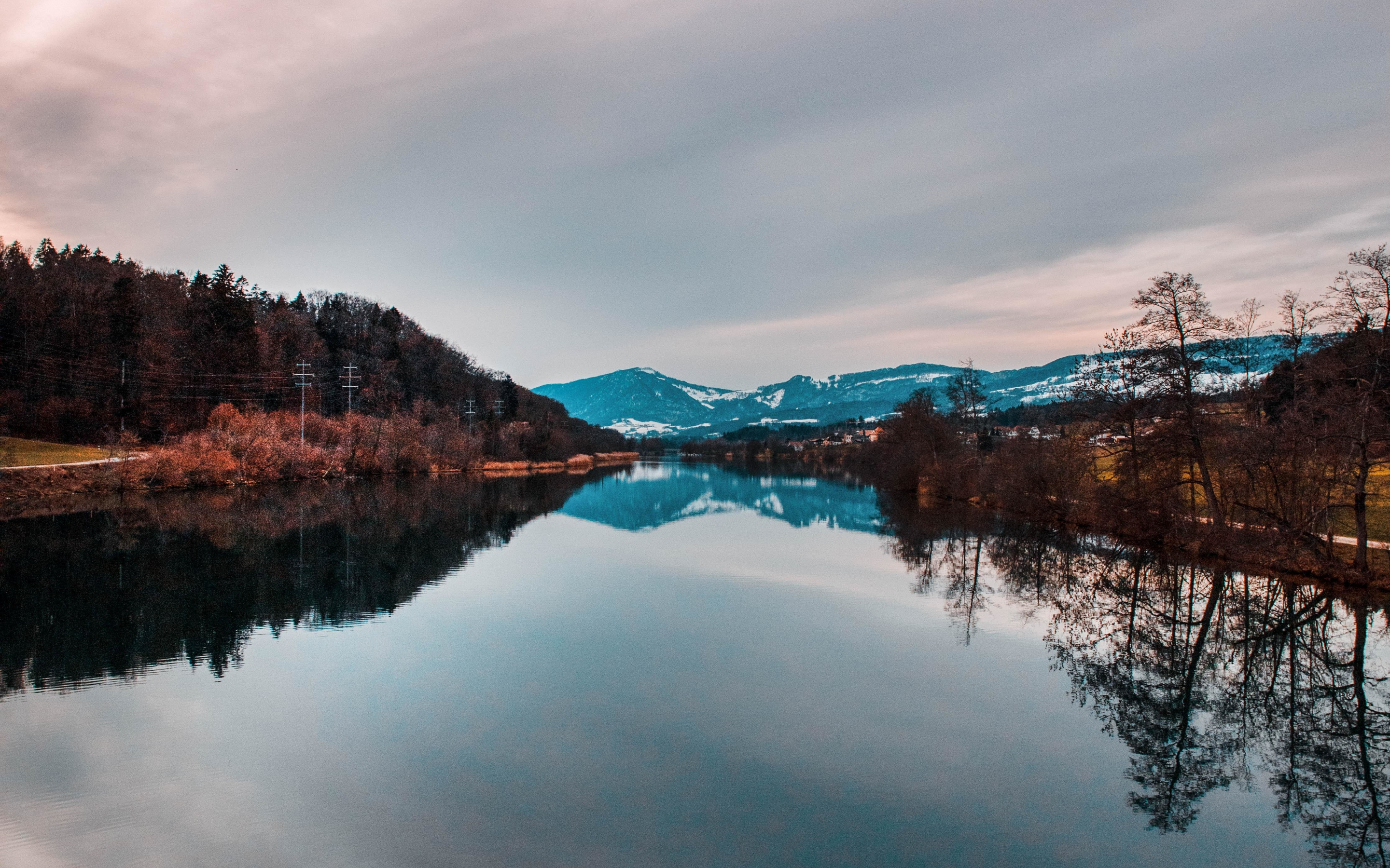 Lake, reflections, mountains, sunset, nature, 2880x1800 wallpaper