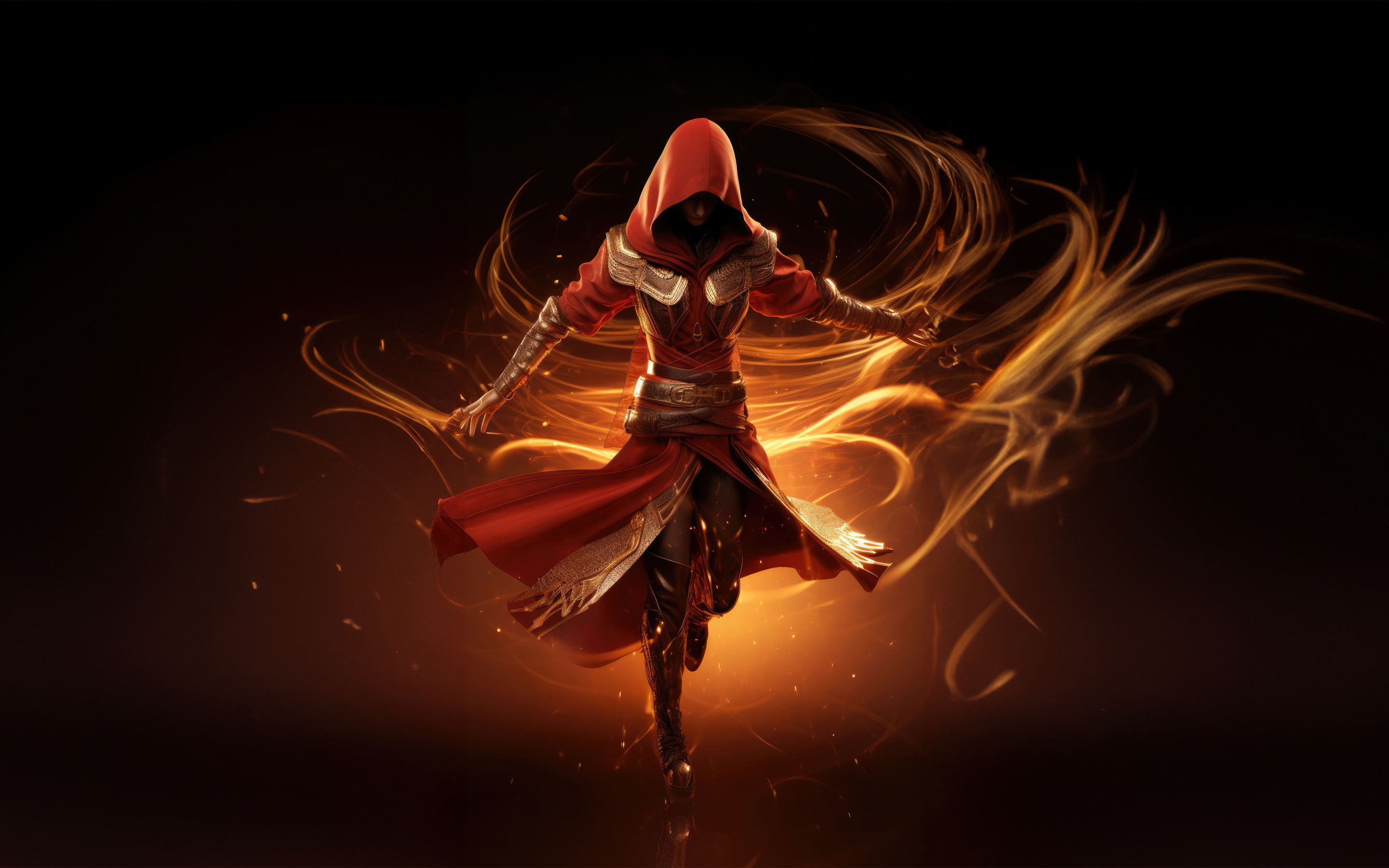 Assassin girl ignites the night with flames, art, 2880x1800 wallpaper