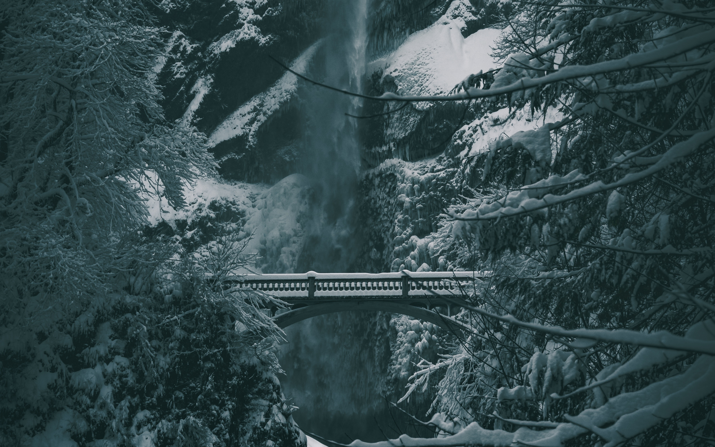 Winter, bridge, waterfall, snowfall, 2880x1800 wallpaper