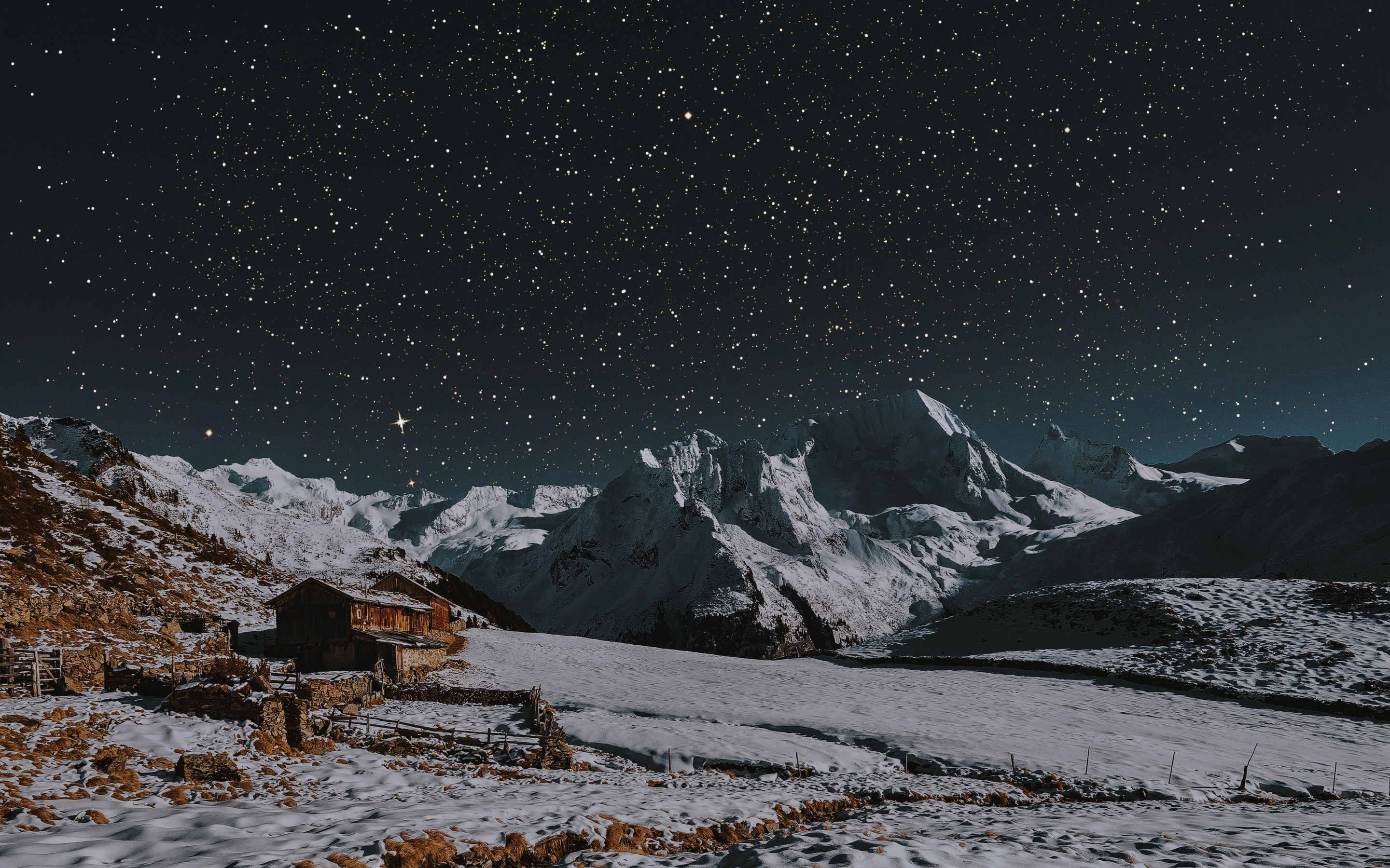 House, winter, landscape, mountains, night, 2880x1800 wallpaper