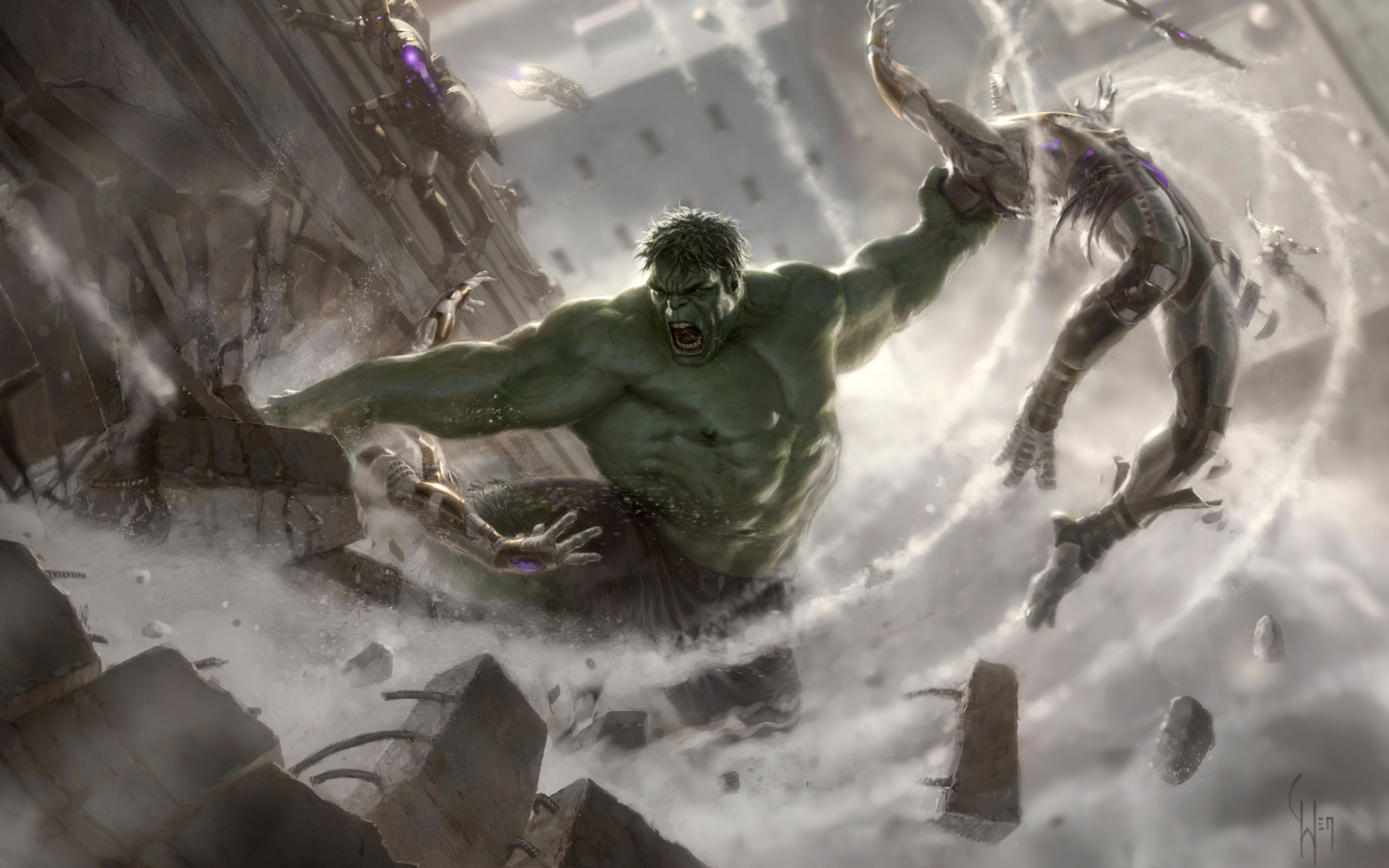 Angry hulk and robots, Avengers: Age of Ultron, art, 2880x1800 wallpaper