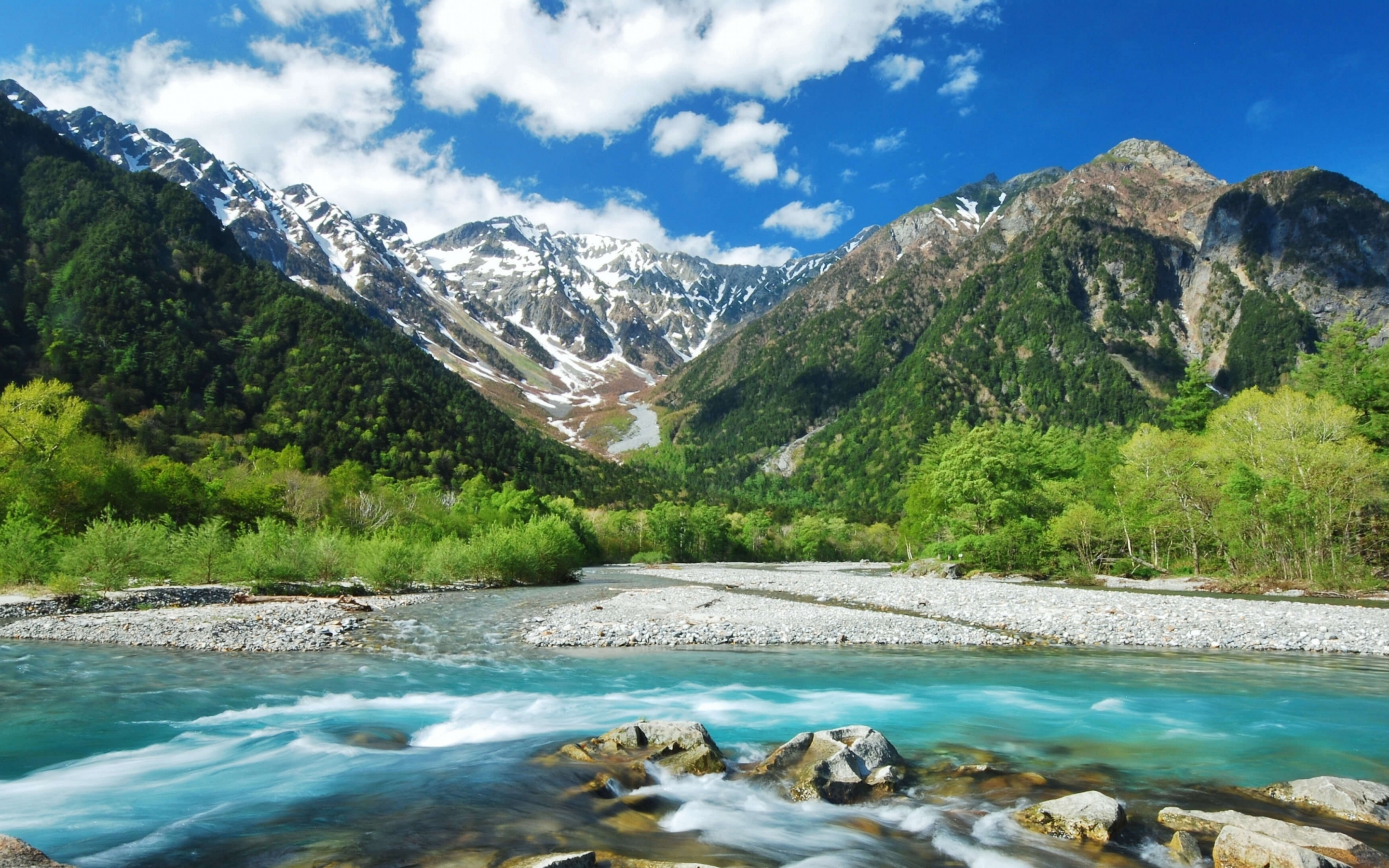 Kamikochi mountains, japan, River, outdoor, blue sky, sunny day, 2880x1800 wallpaper