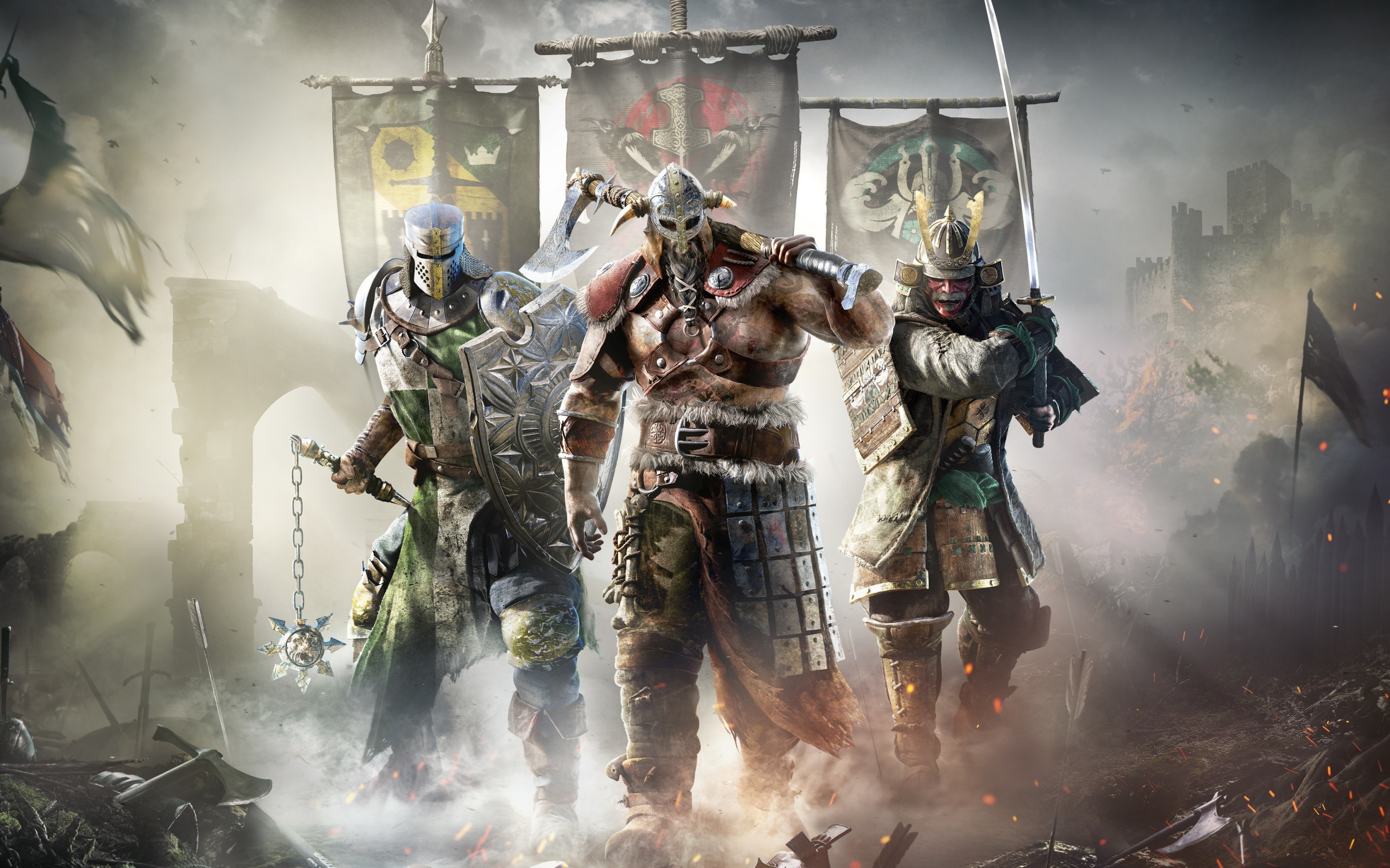 For Honor, video game, warriors, banners, 2880x1800 wallpaper