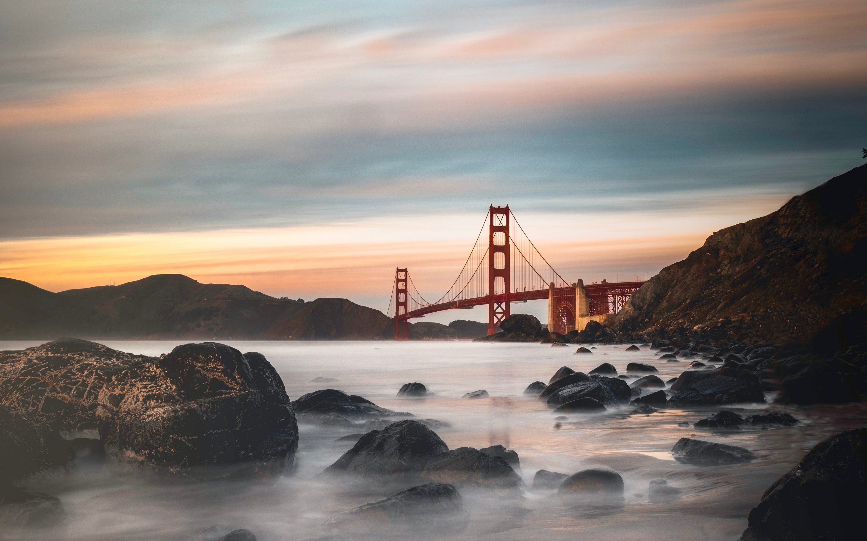 Bridge, architecture, rocks, sunset, coast, 2880x1800 wallpaper