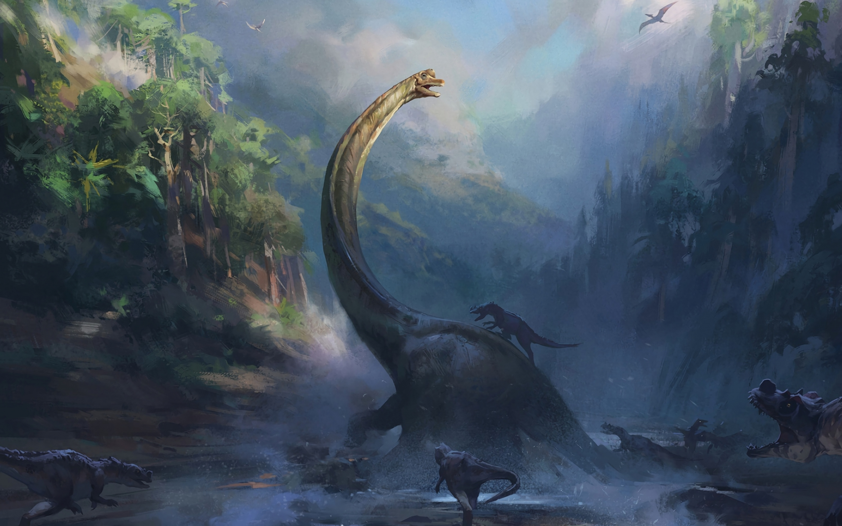 Dinosaur age, Fantasy, fight, artwork, 2880x1800 wallpaper