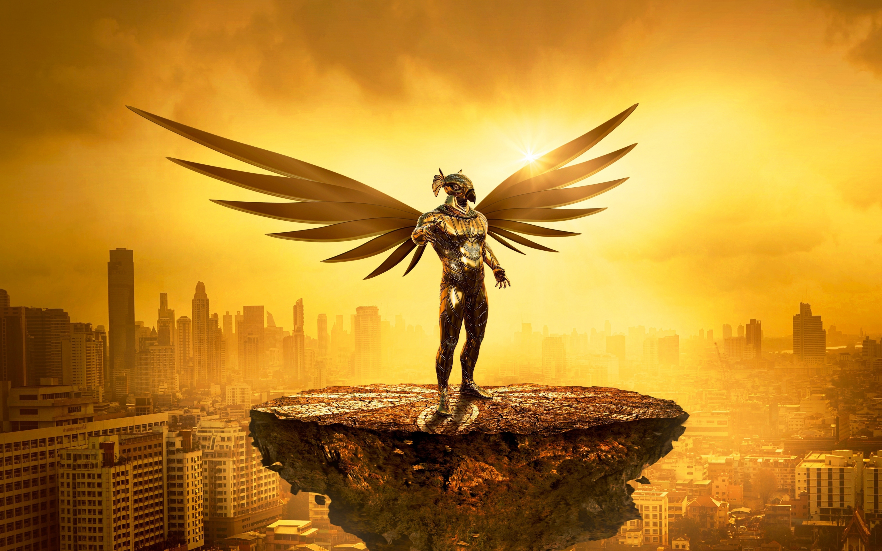 Fantasy, angel, golden, cityscape, digital art, 2880x1800 wallpaper