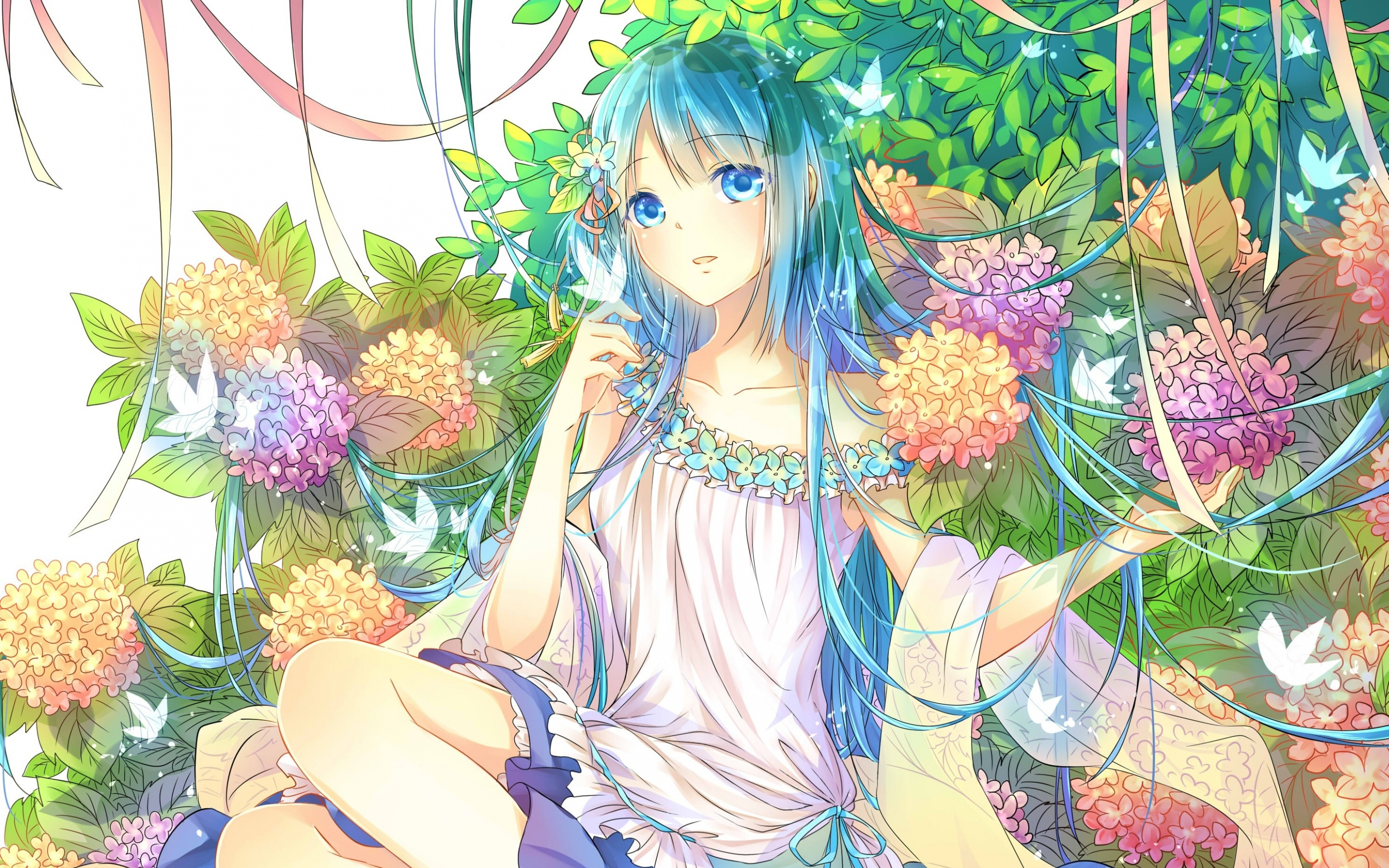 Flowers and cute anime girl, artwork, original, 2880x1800 wallpaper
