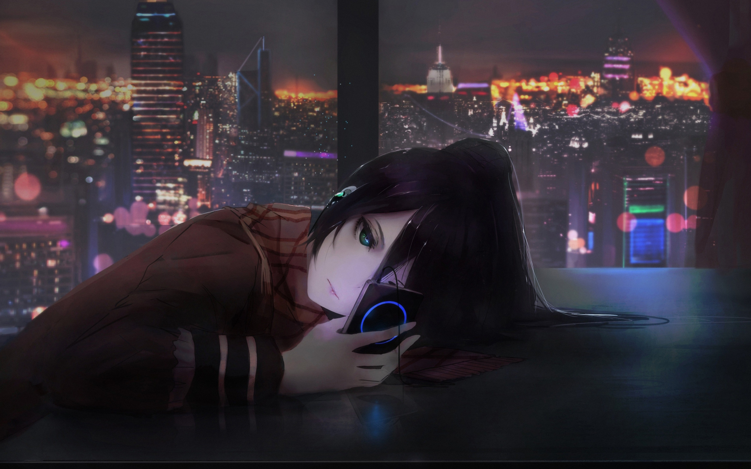 Anime girl using phone, cityscape, night, cute, art, 2880x1800 wallpaper