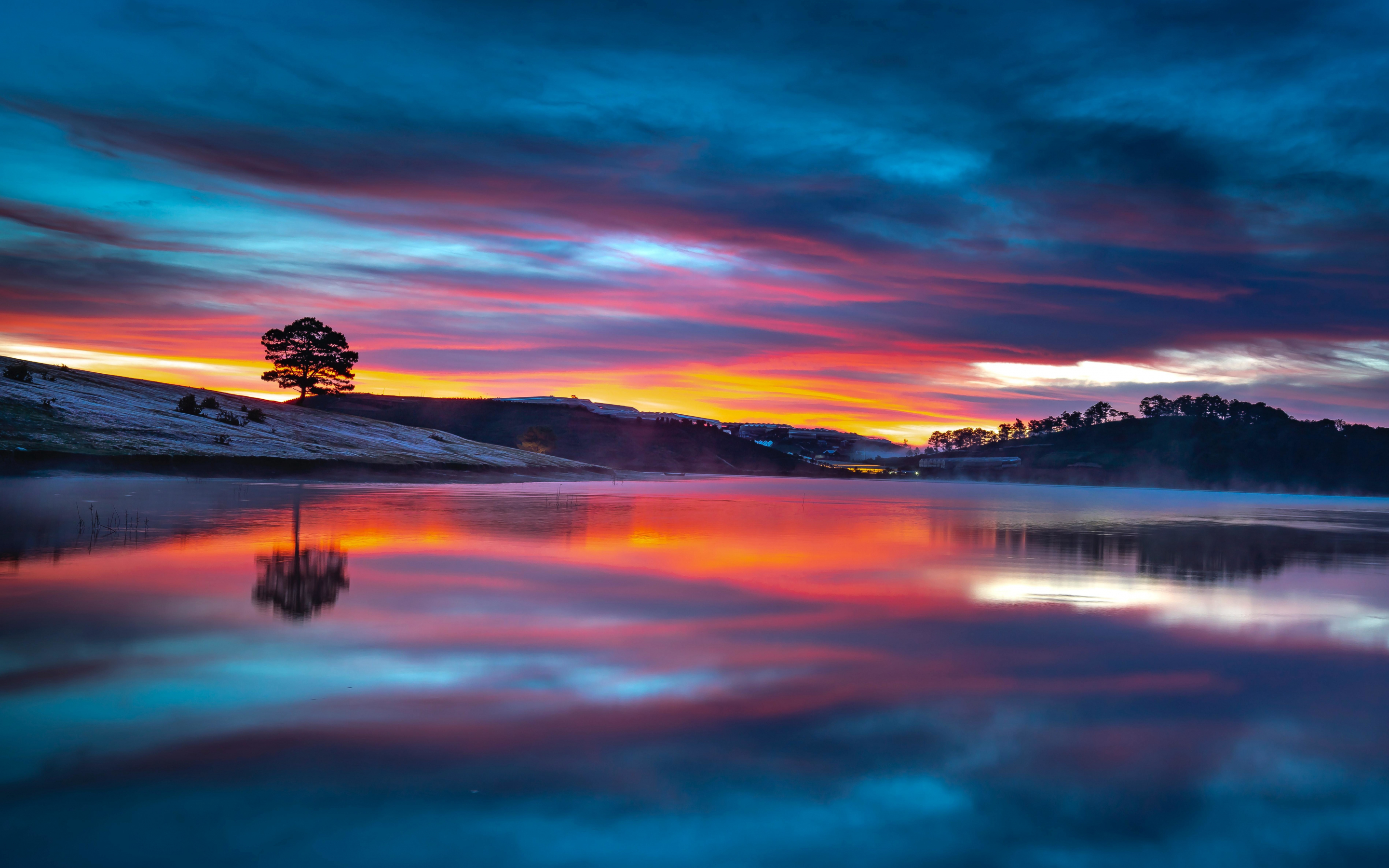 Lake, reflections, sunset, clouds, nature, 2880x1800 wallpaper
