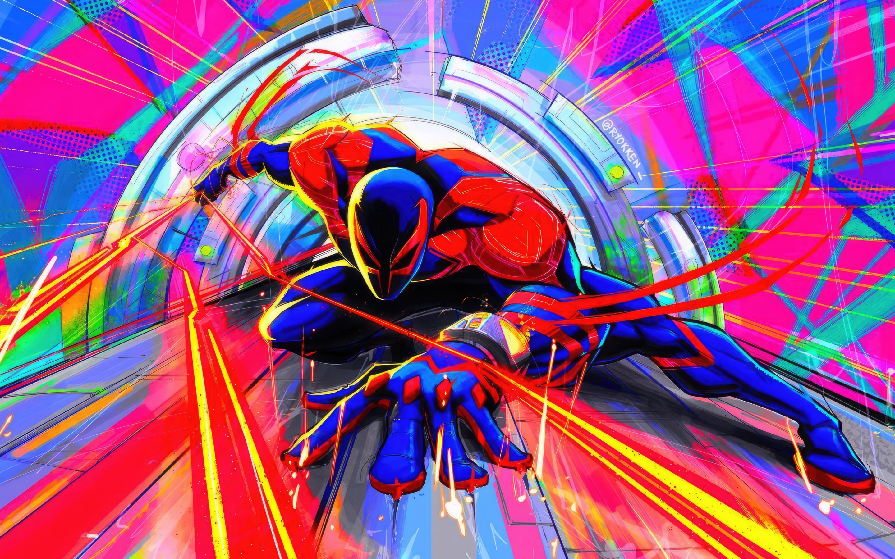 Spiderman 2099, spider-man across the spider-verse, movie art, colorful, 2880x1800 wallpaper