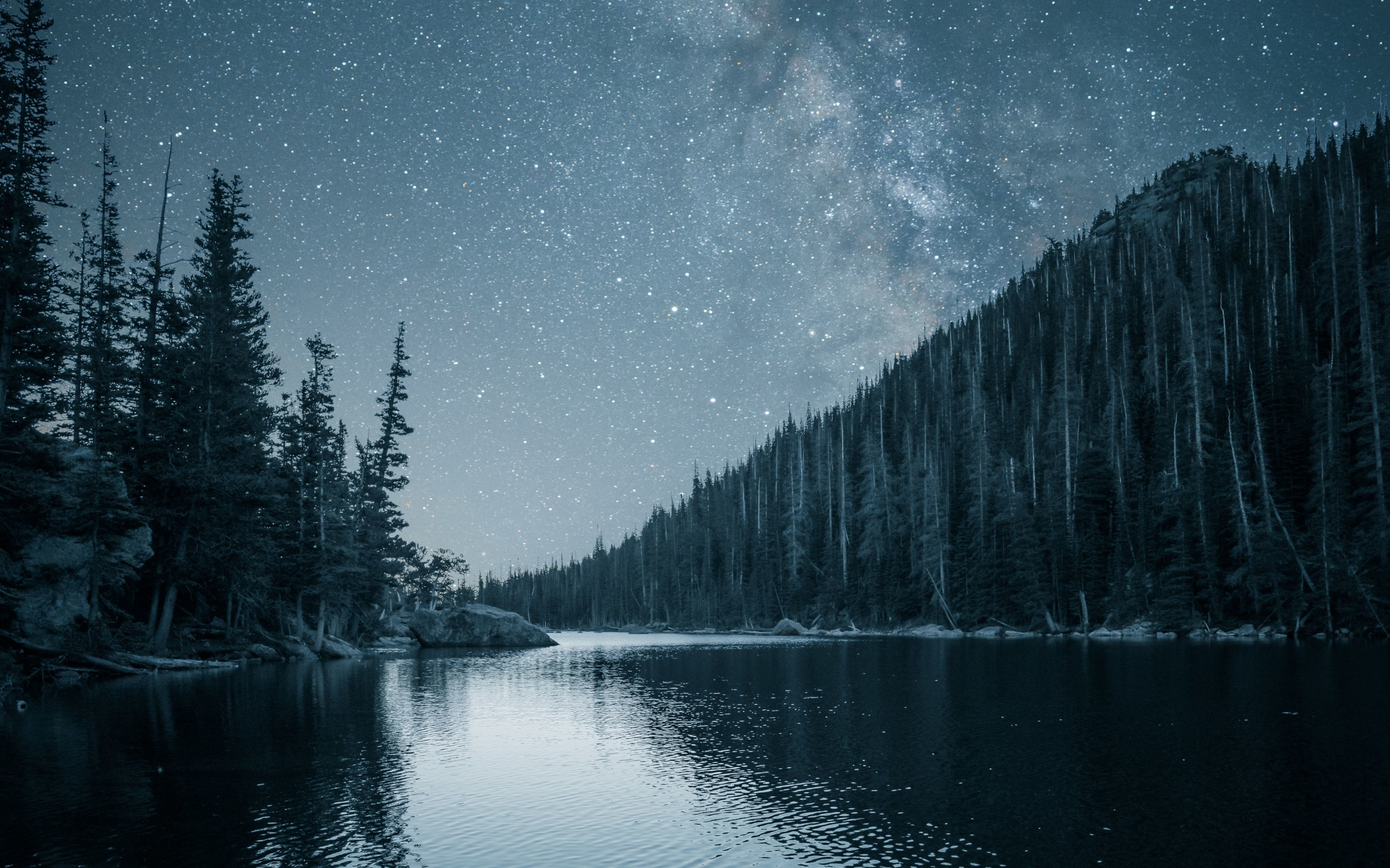 Night out, lake, forest, nature, 2880x1800 wallpaper