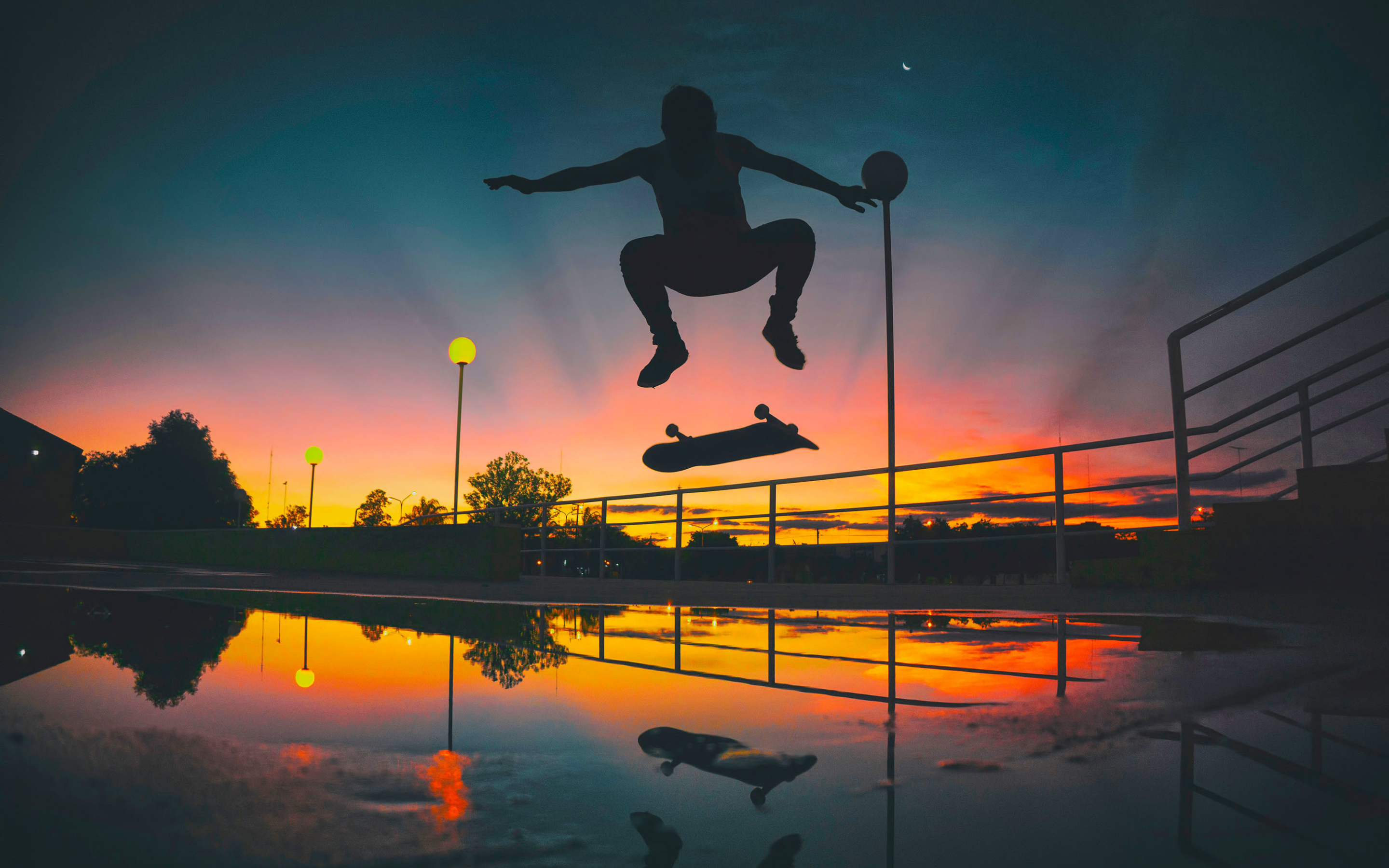 Man, skateboarding, sports, sunset, silhouette, 2880x1800 wallpaper