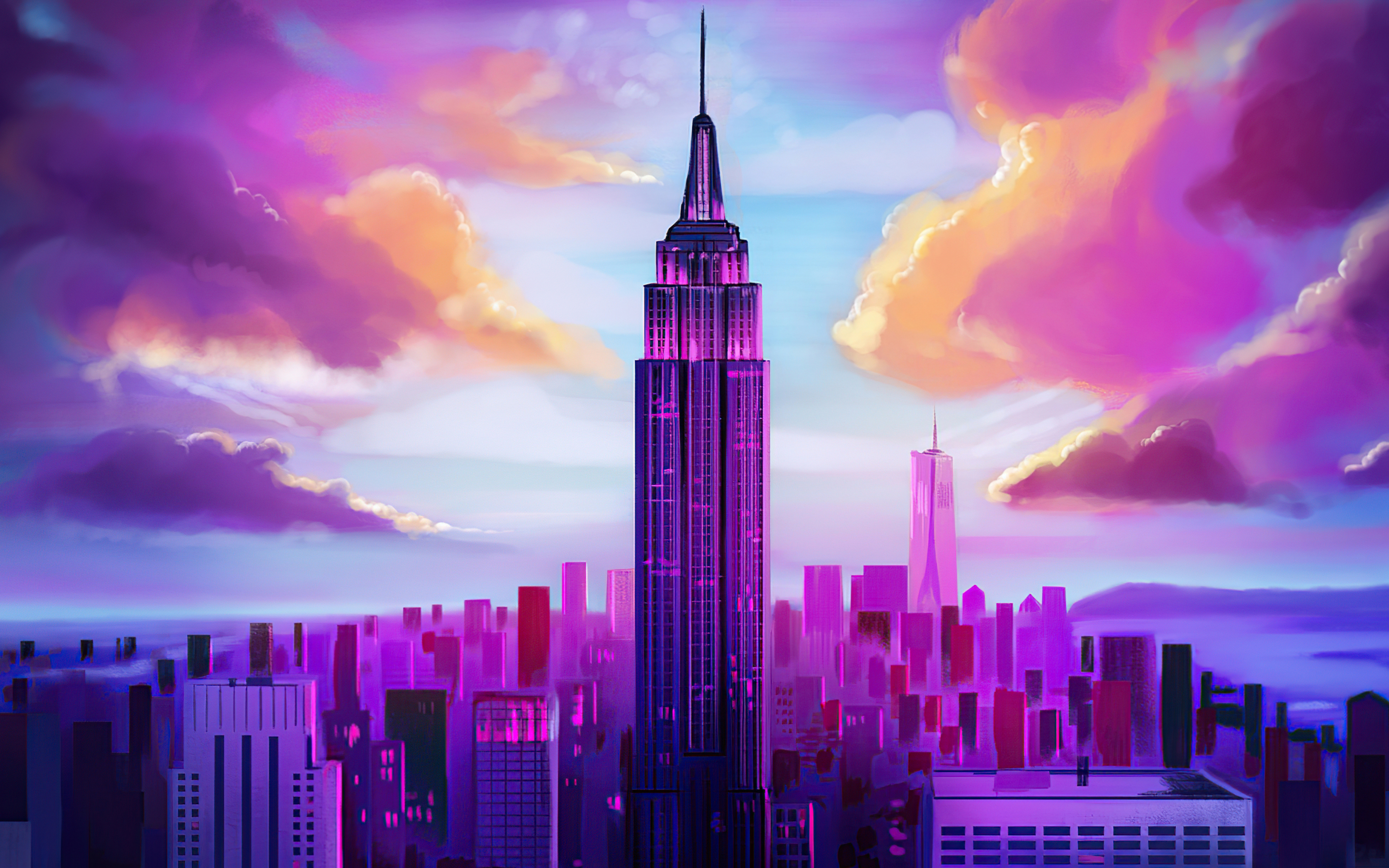 Tall buildings of City, colorful minimal art, 2880x1800 wallpaper