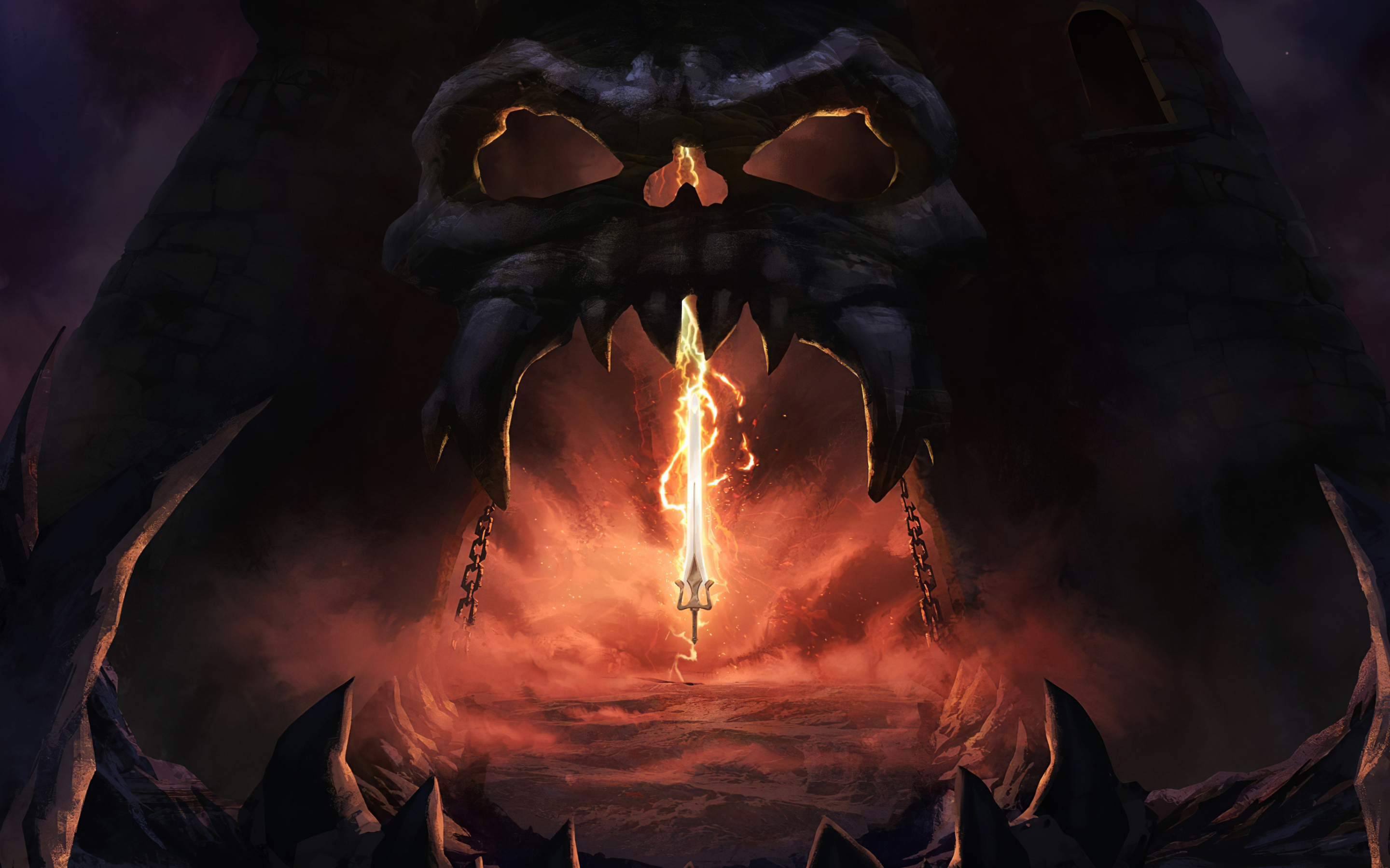 Masters of the Universe: Revelation, trident, skull, cave, dark, 2880x1800 wallpaper