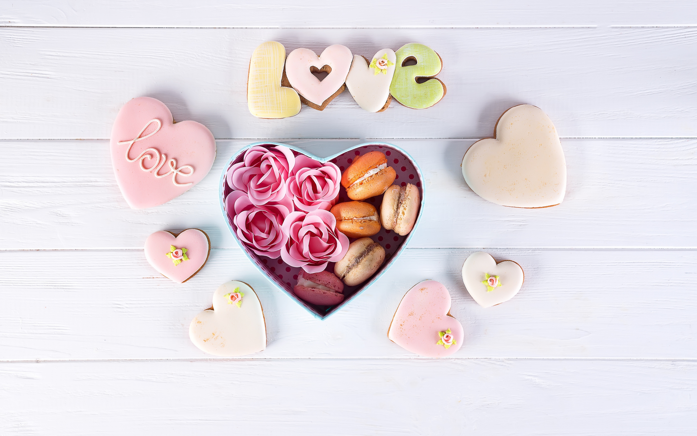 Rose, heart shape, cookies, macaron, 2880x1800 wallpaper