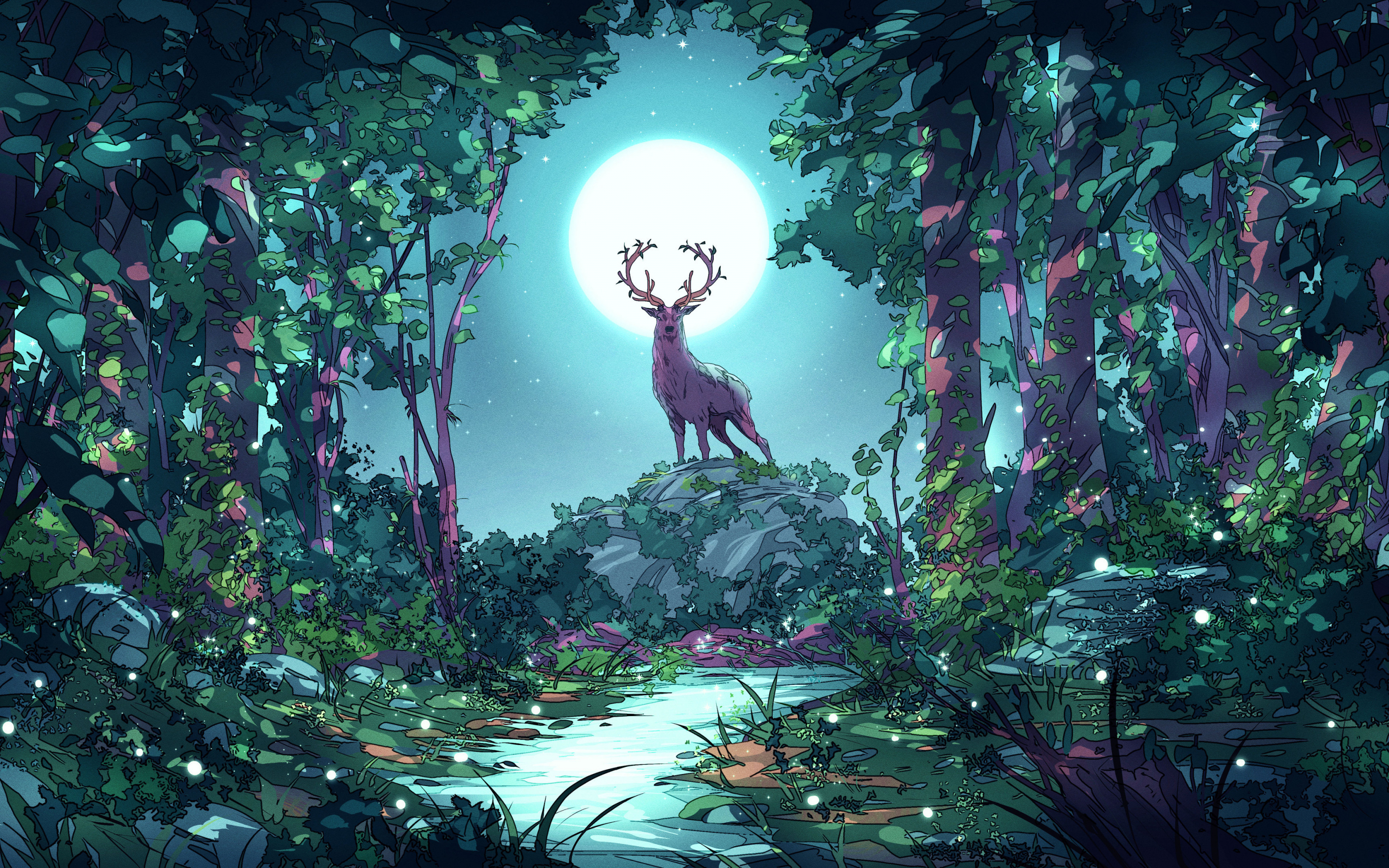 Deer at forest, moon night, art, 2880x1800 wallpaper