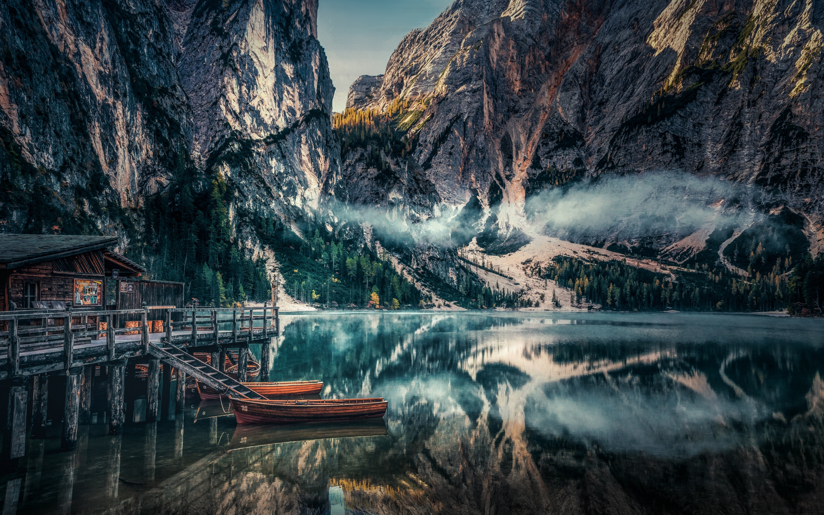 Lake, boats, pier, mountains, reflections, nature, 2880x1800 wallpaper