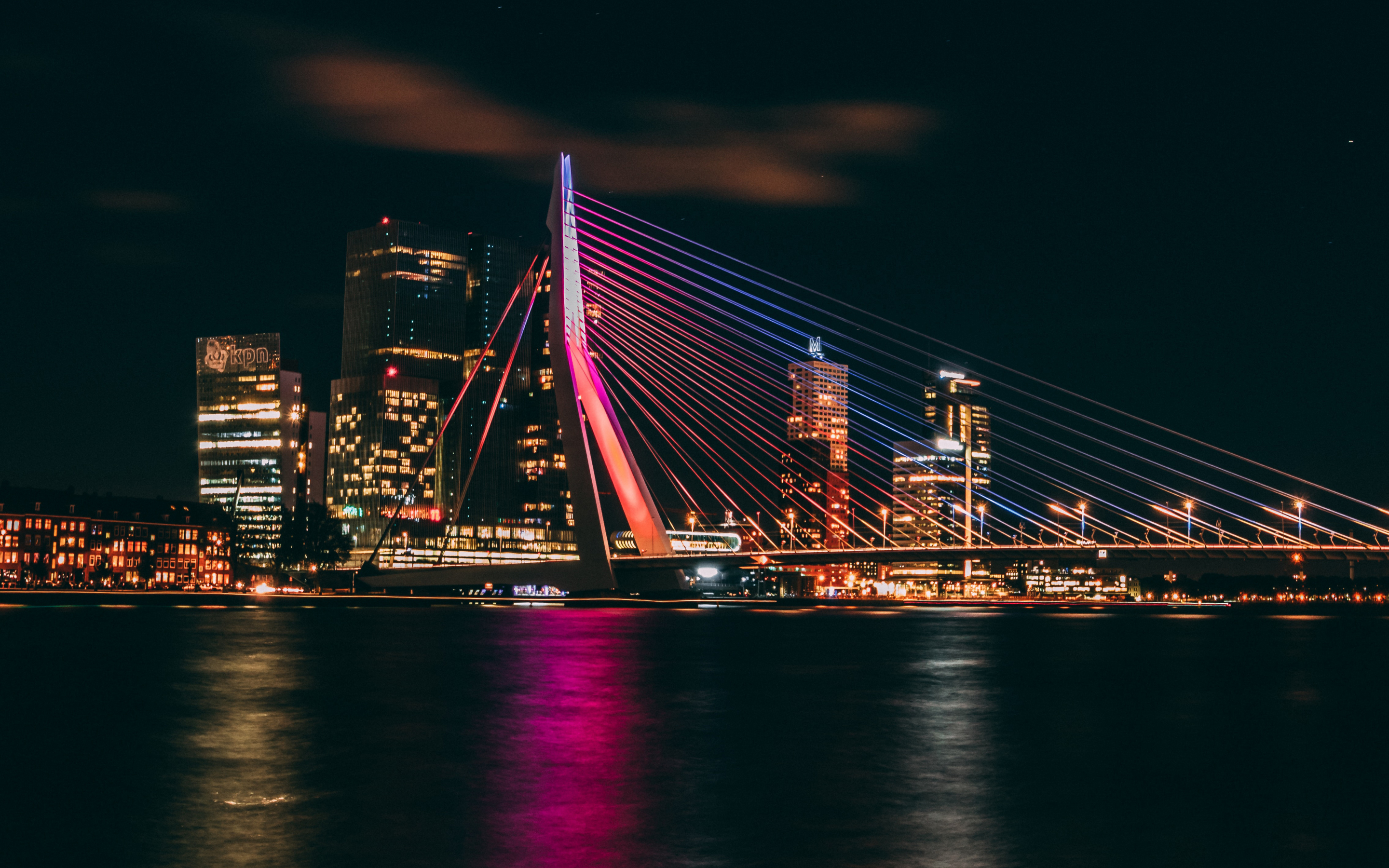 Erasmus Bridge, night, cityscape, Rotterdam, night, 2880x1800 wallpaper