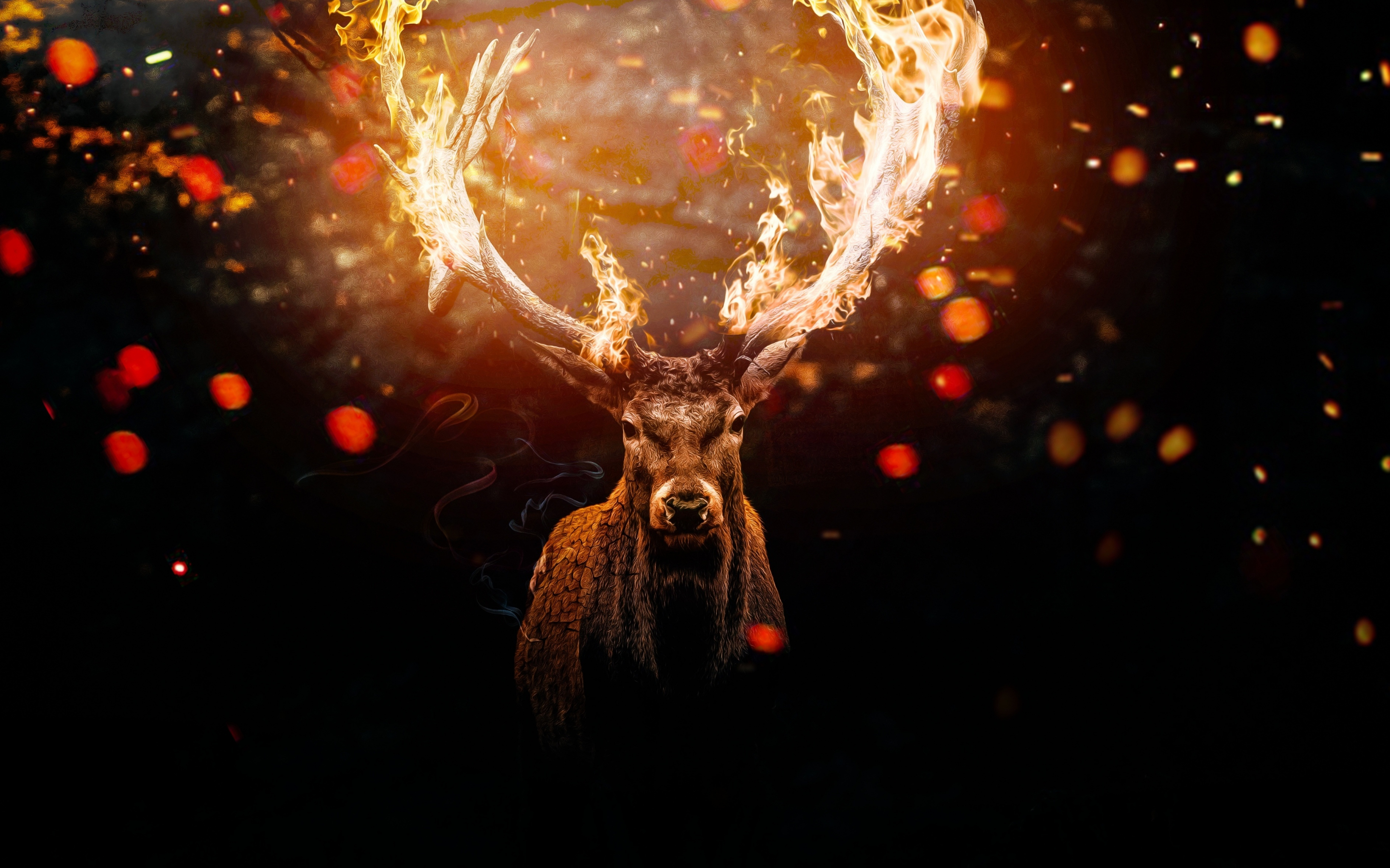 Deer, horns on fire, muzzle, art, 2880x1800 wallpaper