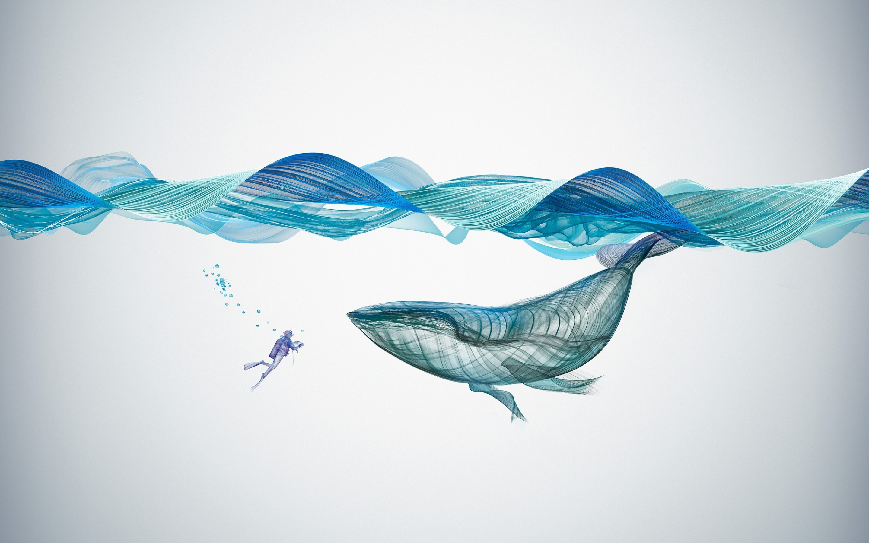 Underwater, whale, fish, illustration, art, 2880x1800 wallpaper