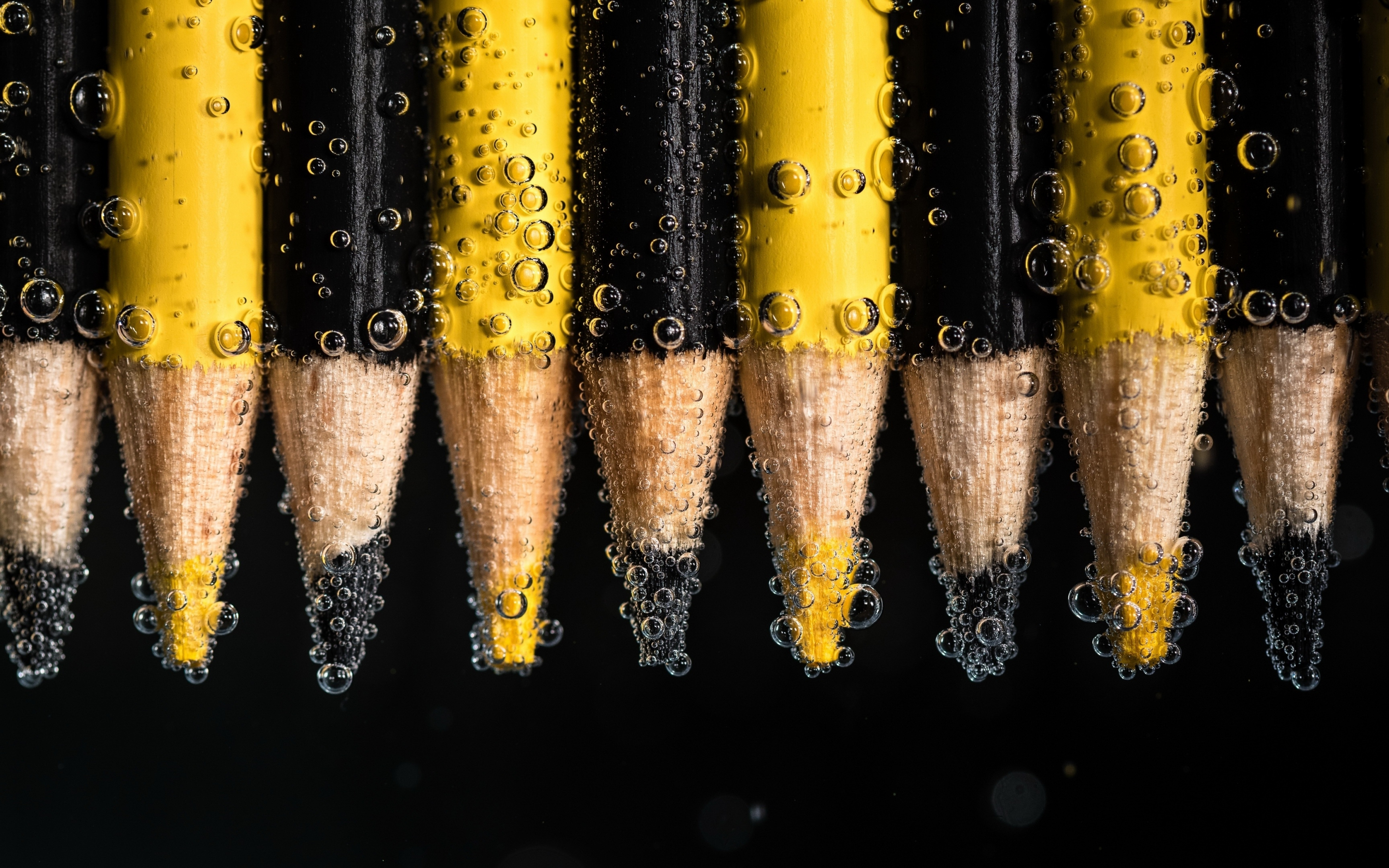 Yellow-back pencils, underwater, bubbles, 2880x1800 wallpaper