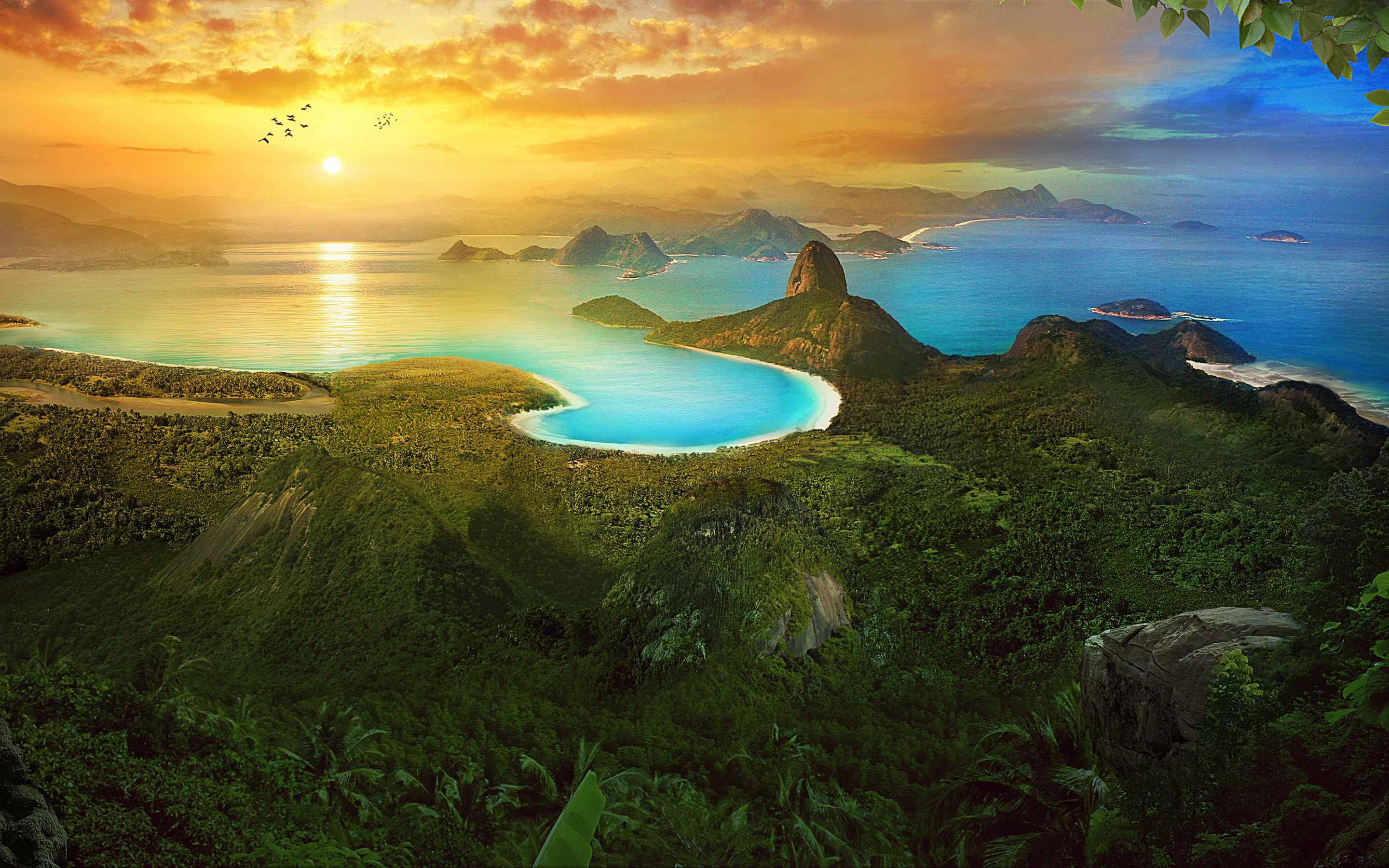 Rio de Janeiro, sunrise, aerial view, forest, coast, landscape, 2880x1800 wallpaper