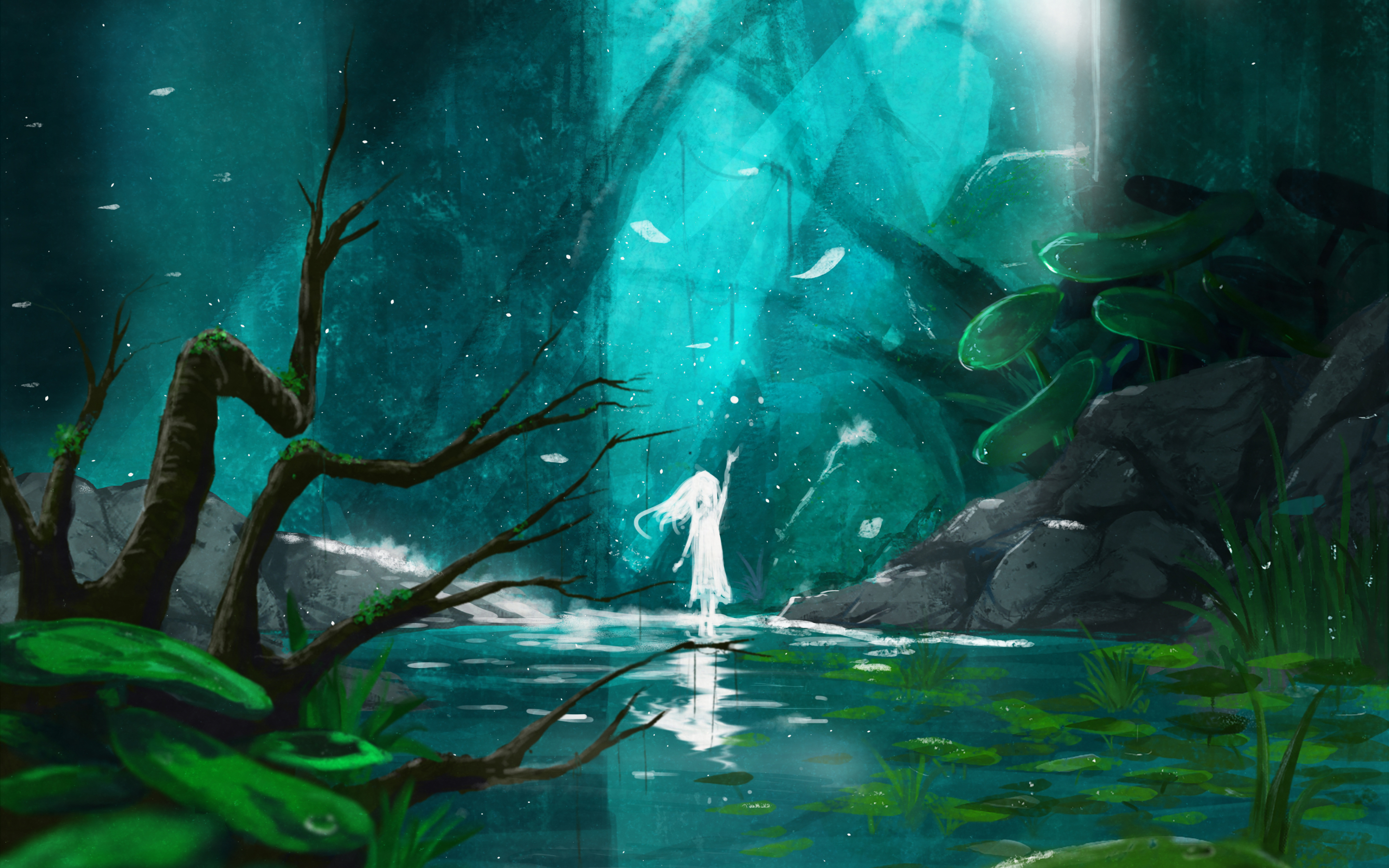Lake, spirit, anime girl, original, fantasy, 2880x1800 wallpaper