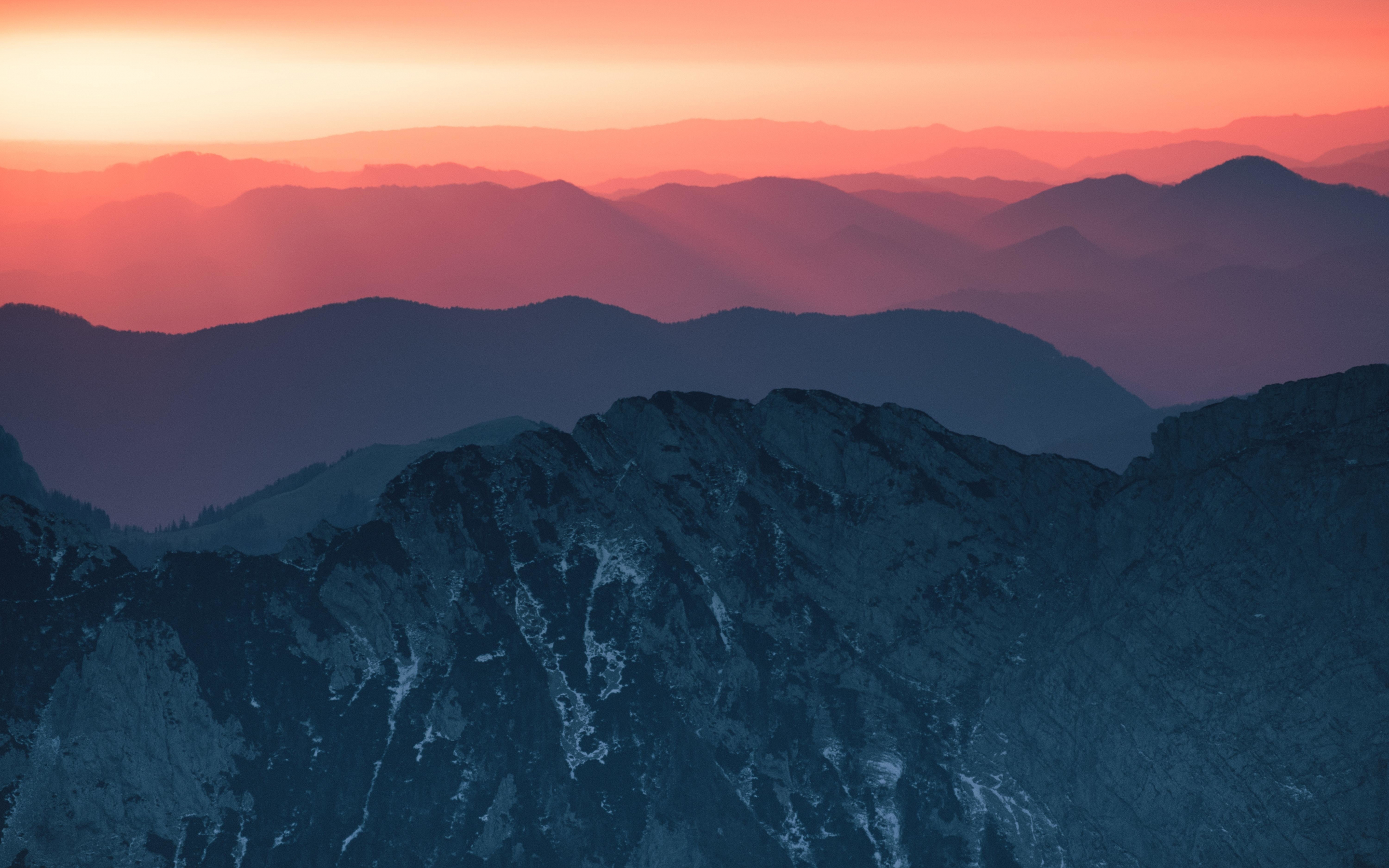 Calm, horizon, sunset, mountains, 2880x1800 wallpaper