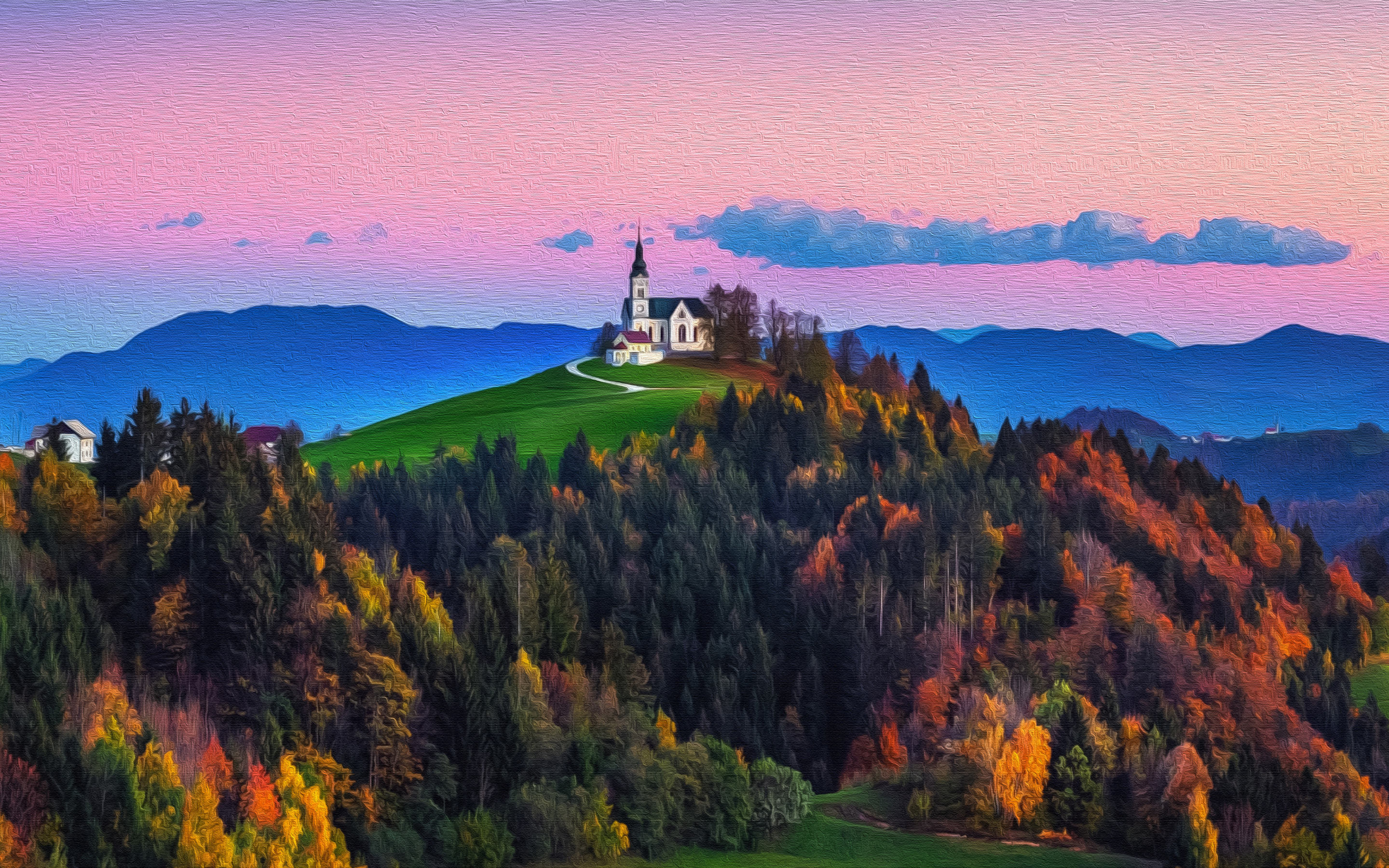 Castle, hill, forest, nature, art, 2880x1800 wallpaper