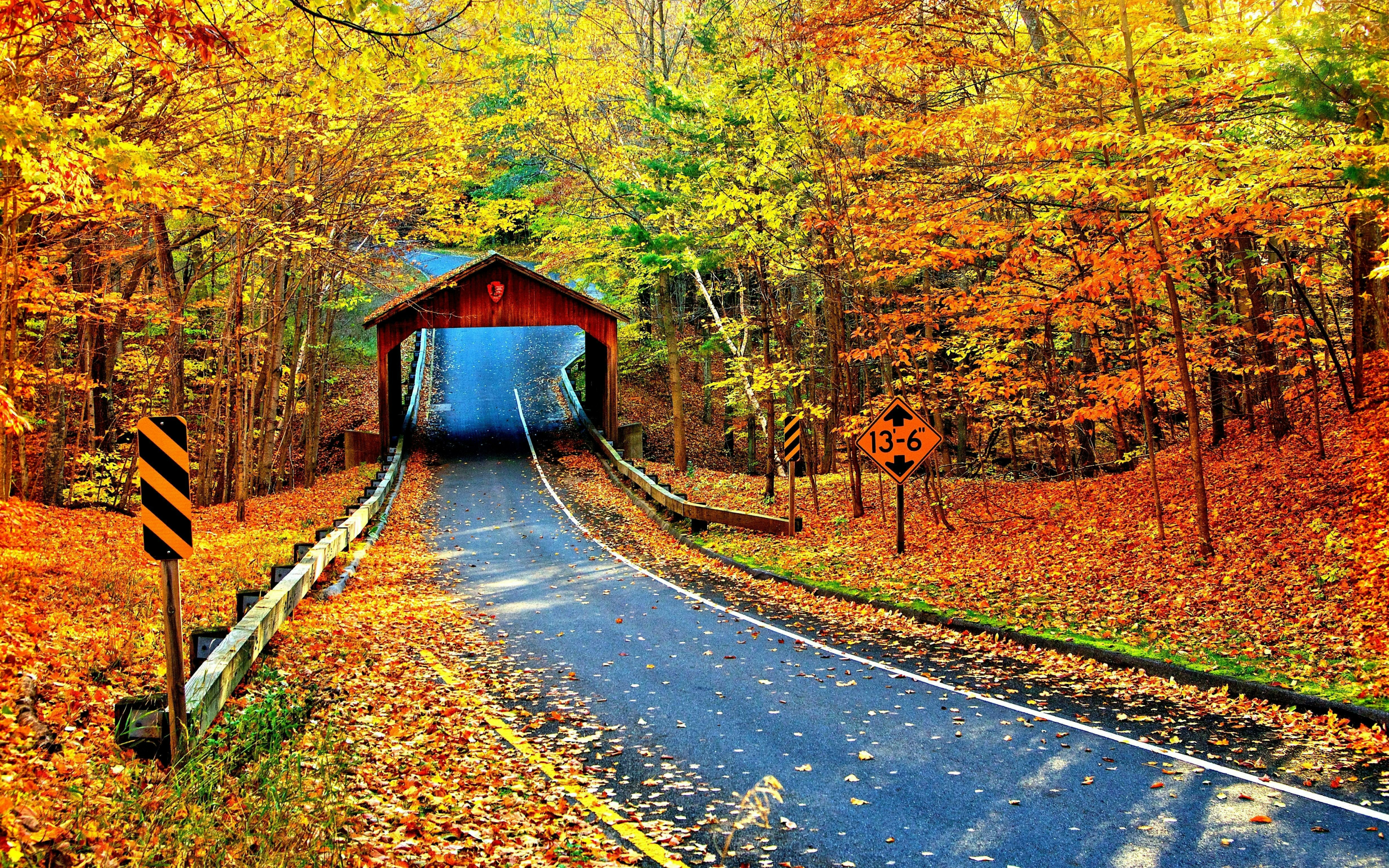 Highway, Cambron Covered Bridge, autumn, nature, 2880x1800 wallpaper
