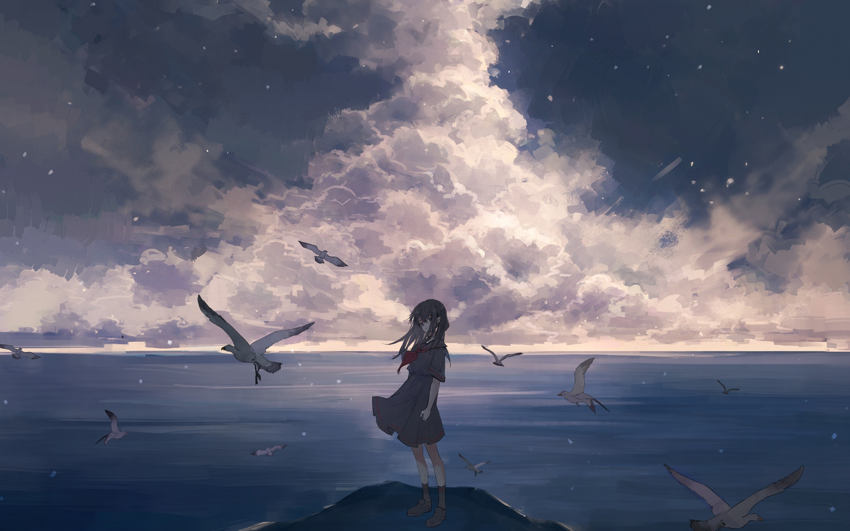 Birds and anime girl, seascape, 2880x1800 wallpaper