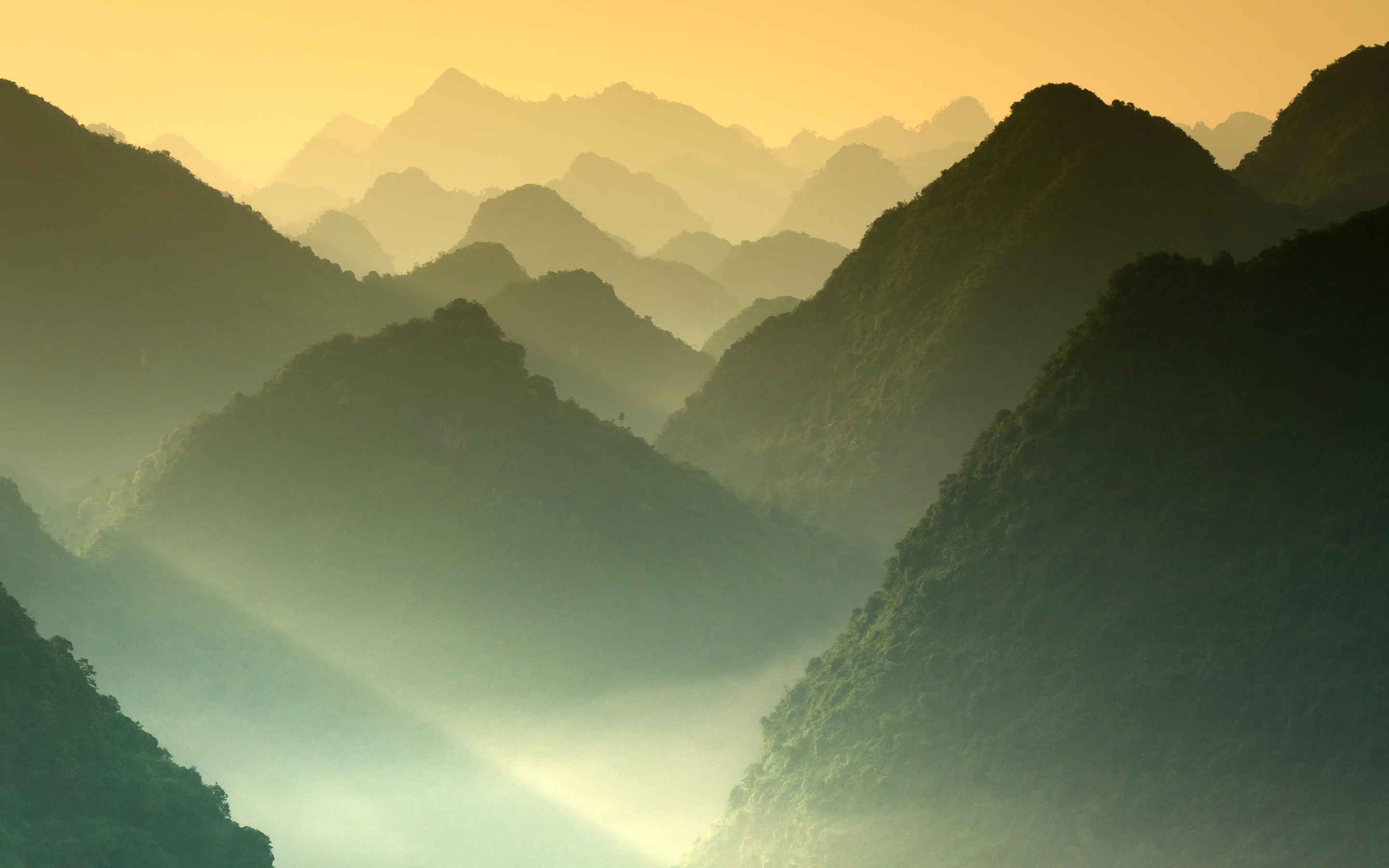 Mountains, sunrise, nature, horizon, mist, 2880x1800 wallpaper