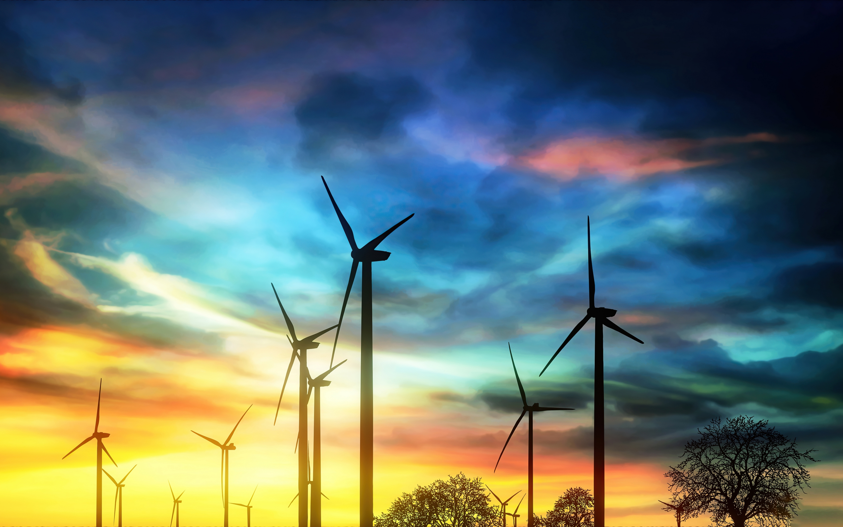 Windmills, cloudy sky, sunset, 2880x1800 wallpaper