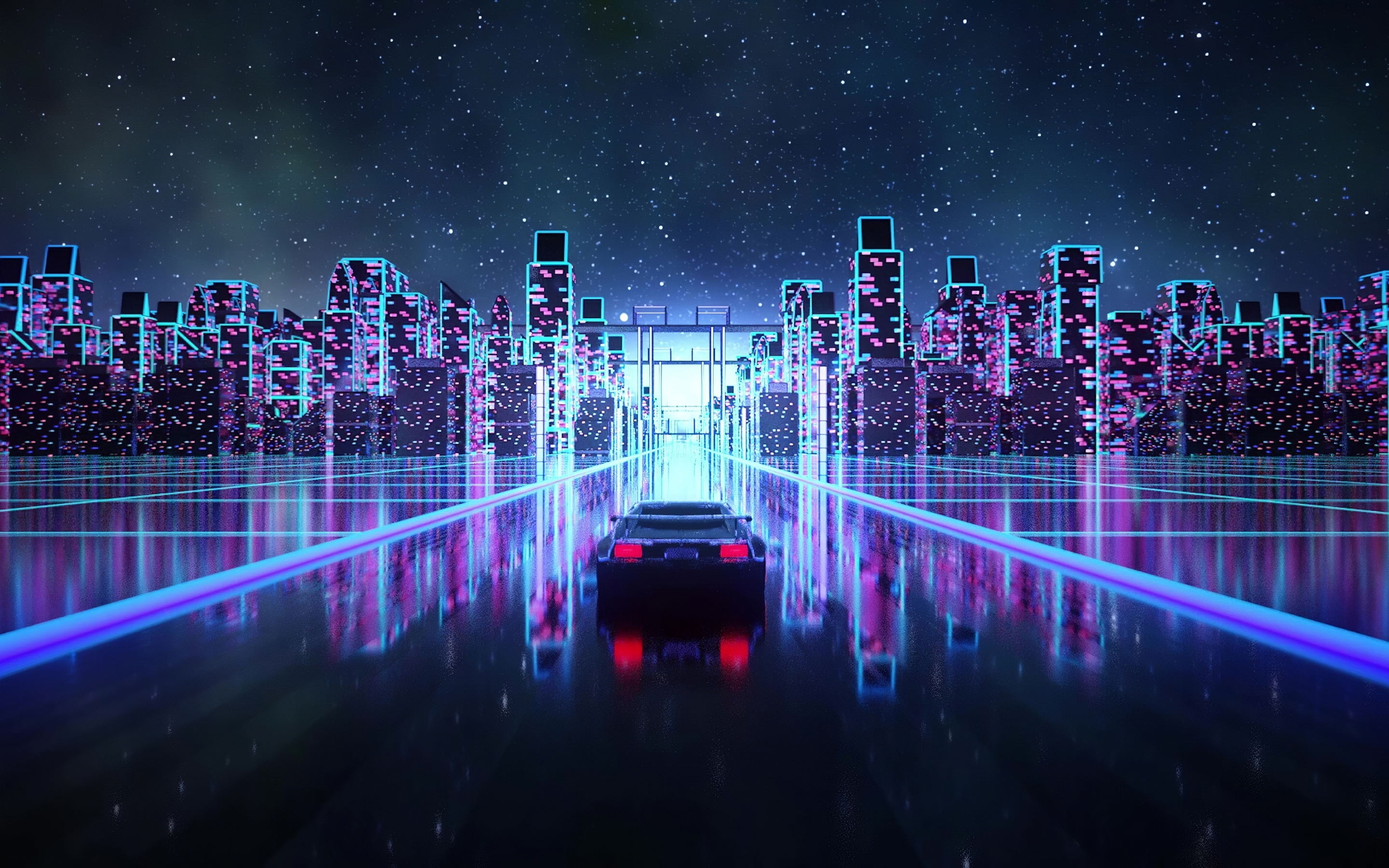 Cyberpunk, outrun, vaporwave, car on road, art, 2880x1800 wallpaper