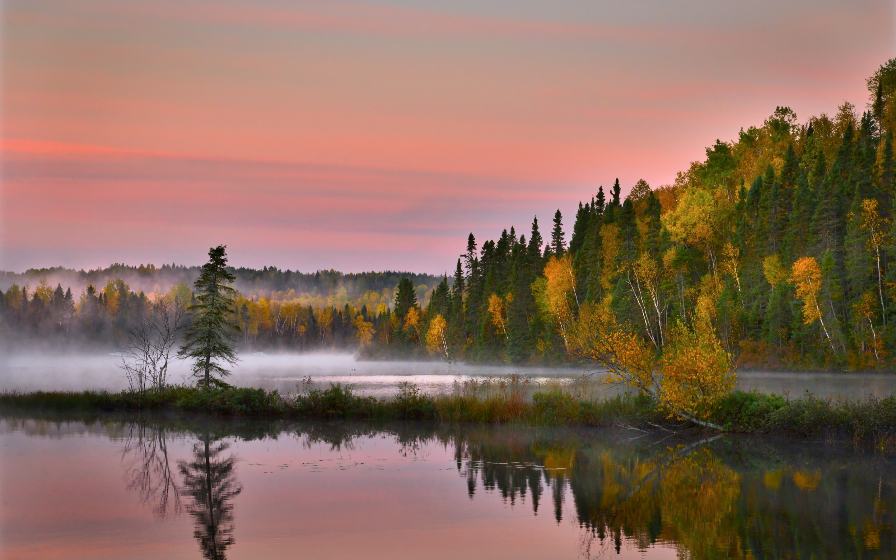 Autumn, reflections, landscape, lake, trees, nature, 2880x1800 wallpaper