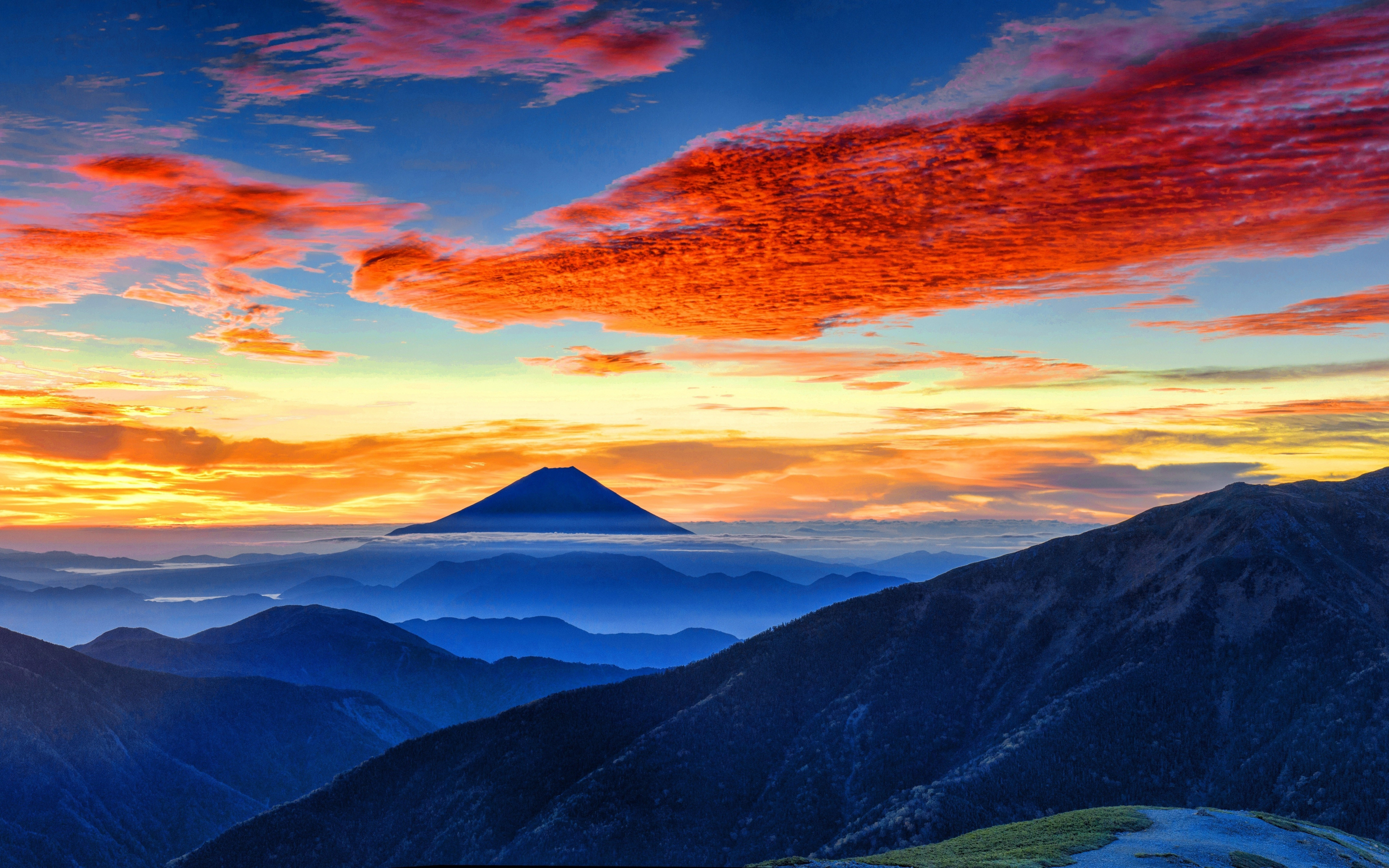 Mount Fuji, clouds, sunset, panaromic, 2880x1800 wallpaper