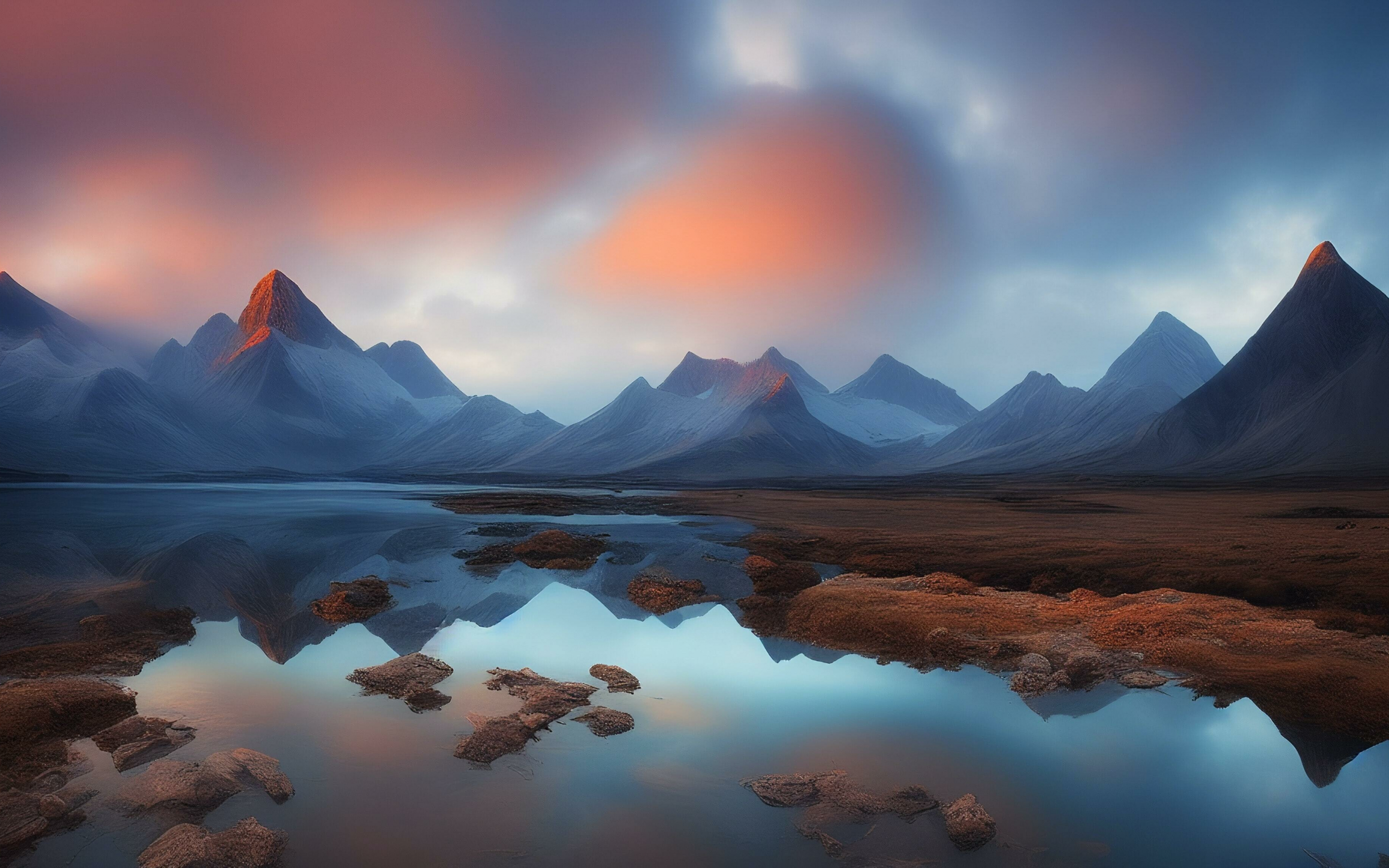 Lake and mountains, reflections, cloudy sunset, nature, 2880x1800 wallpaper