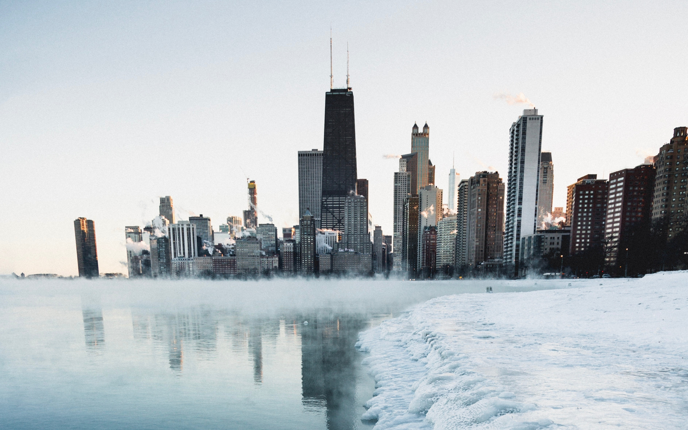 Winter, cityscape, frozen coast, lake, buildings, 2880x1800 wallpaper