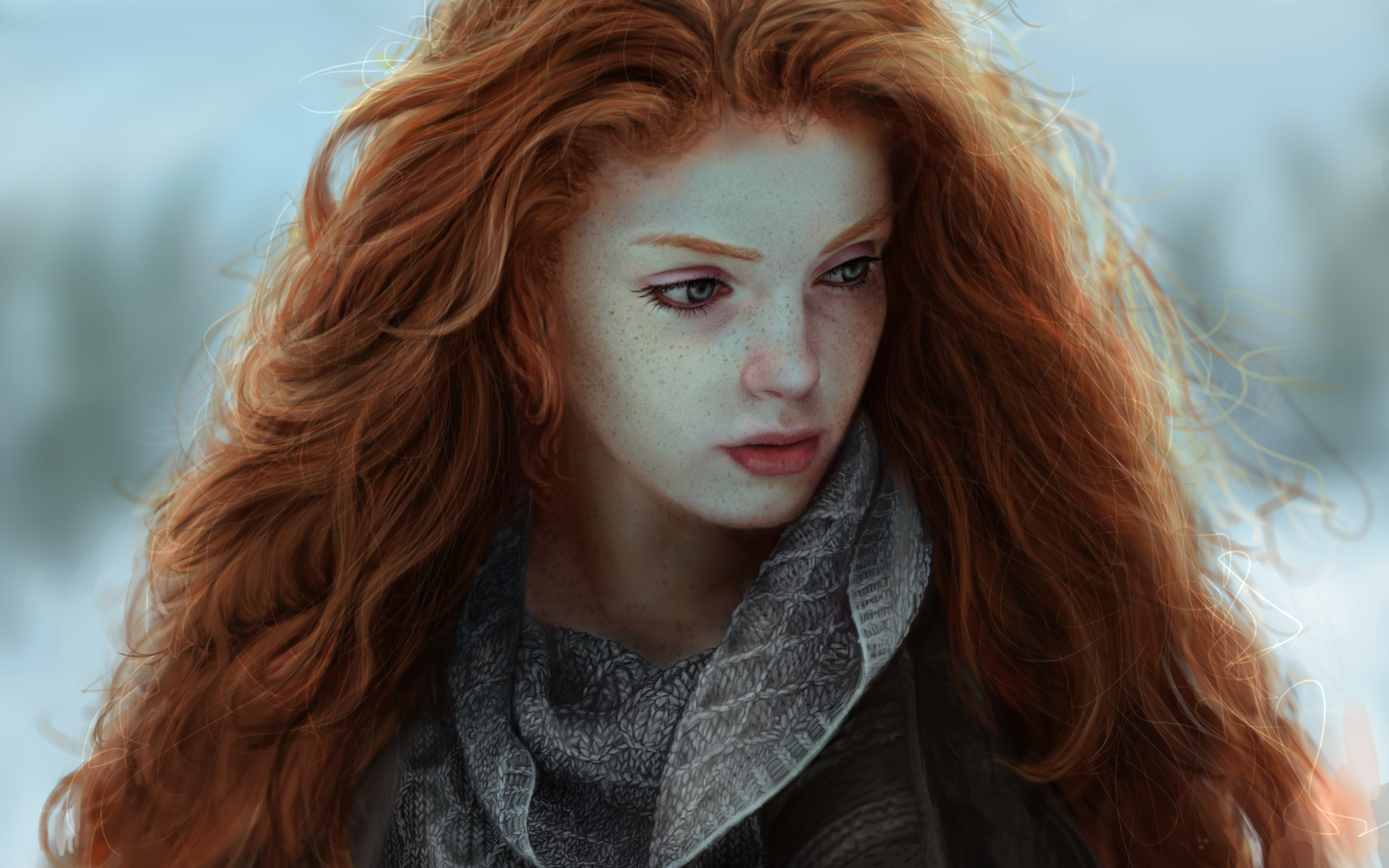 Red head, girl, long curly hair, art, 2880x1800 wallpaper