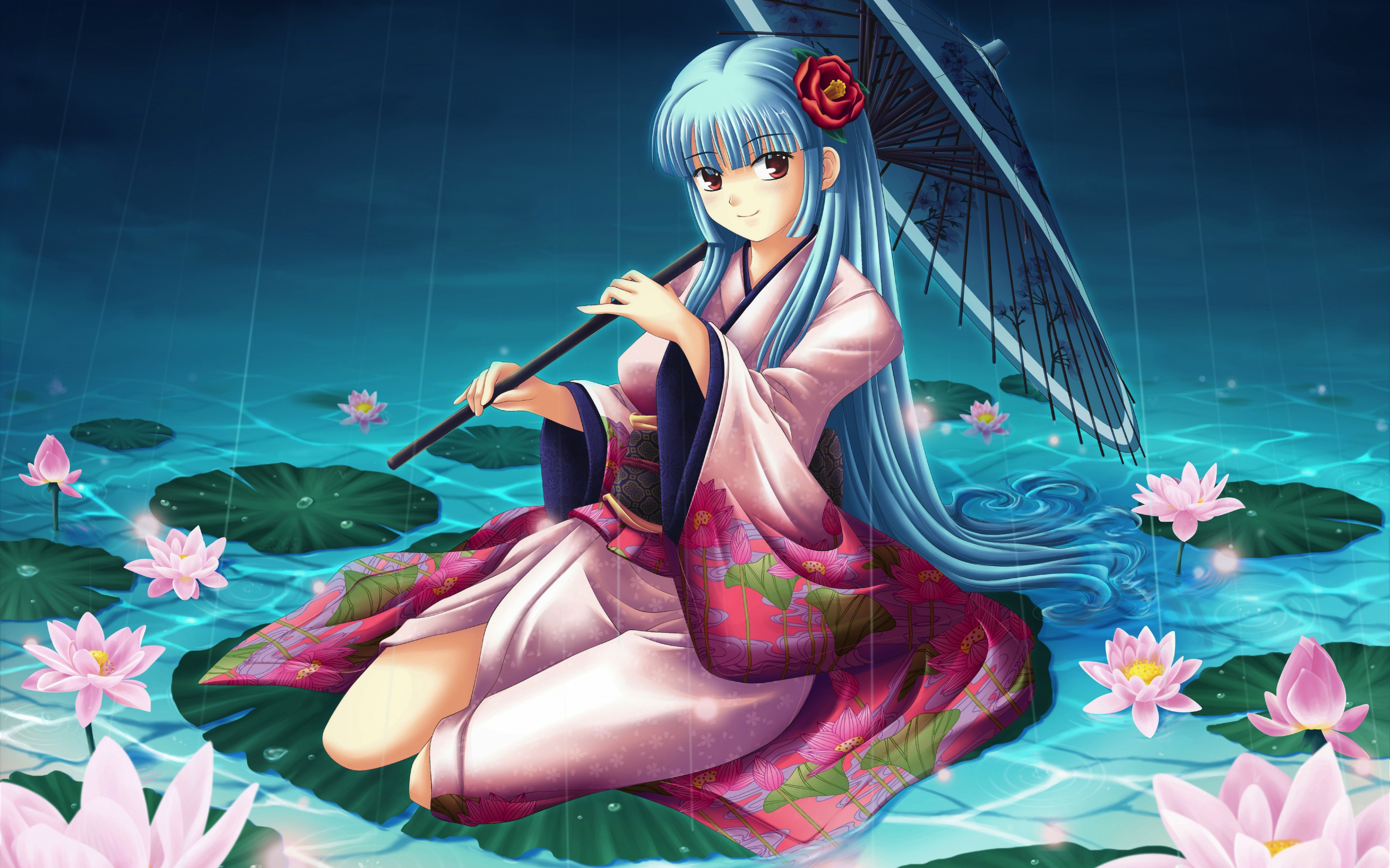 Pond, lake, flowers, anime girl, rain, umbrella, 2880x1800 wallpaper