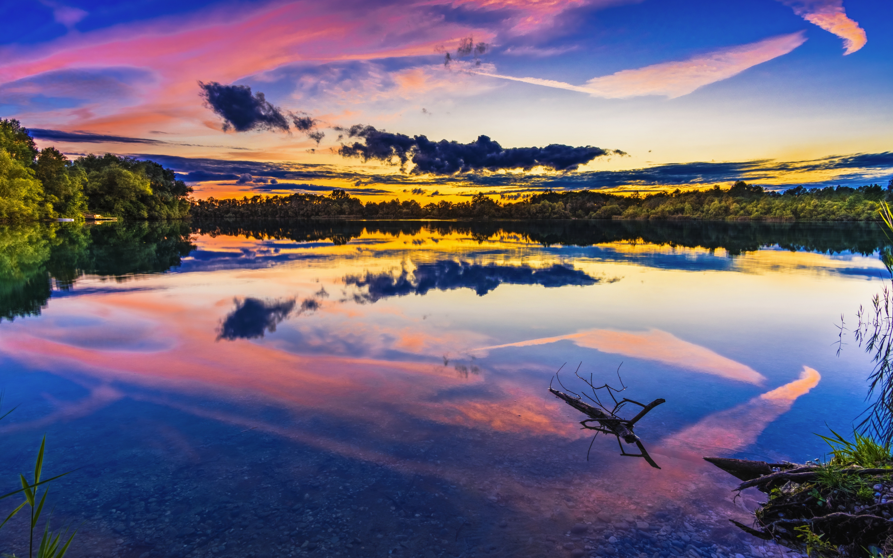 Lake, sunset, reflections, colorful sky, nature, 2880x1800 wallpaper