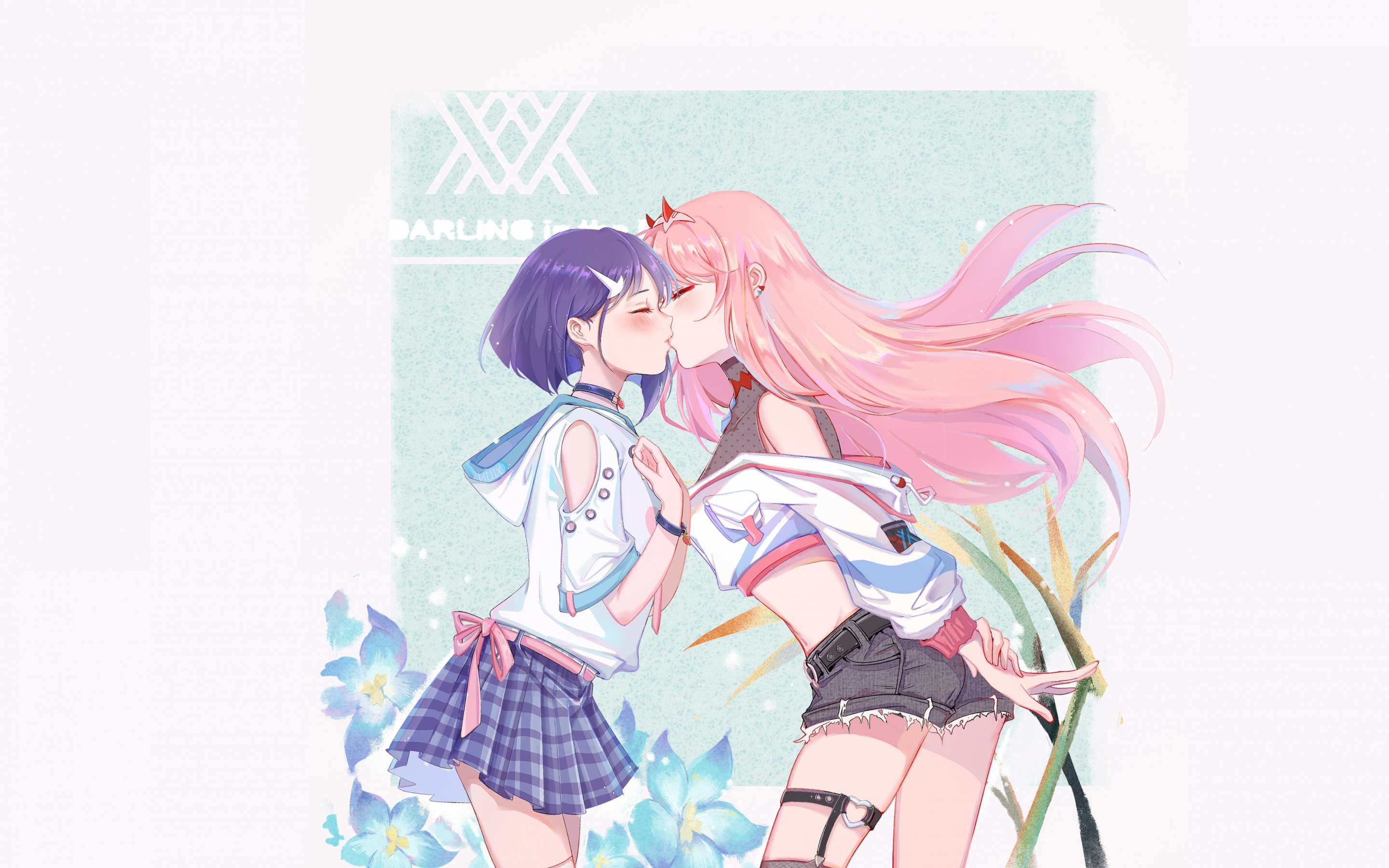 Ichigo and zero two, kiss, anime girls, artwork, 2880x1800 wallpaper